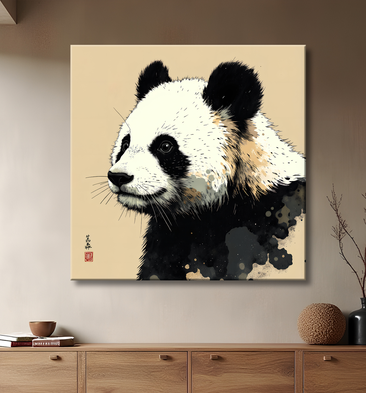 Tableau panda moderne - Peinture animalière expressive et graphique avec decor