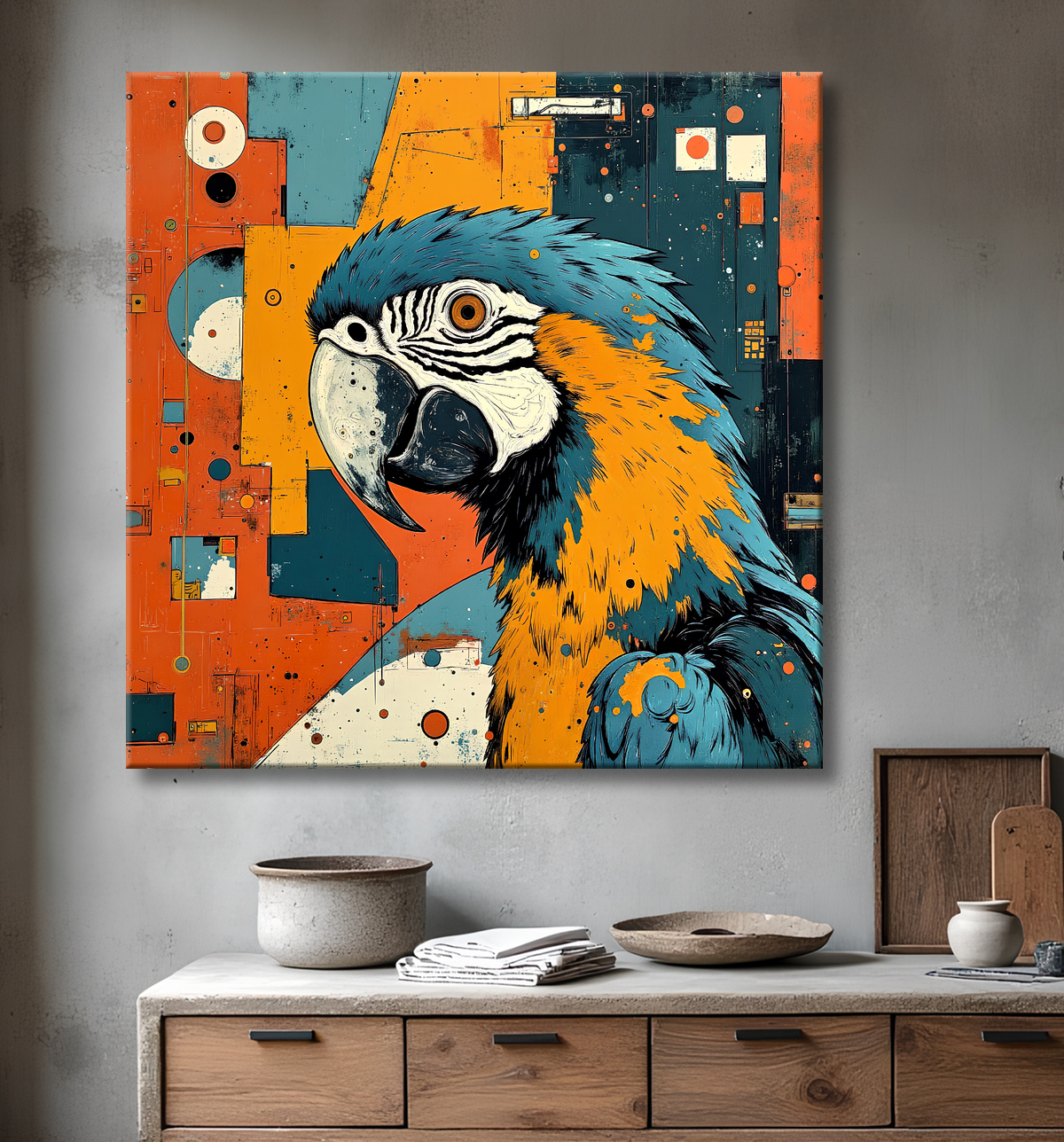 Tableau perroquet - Peinture moderne expressive et colorée avec decor