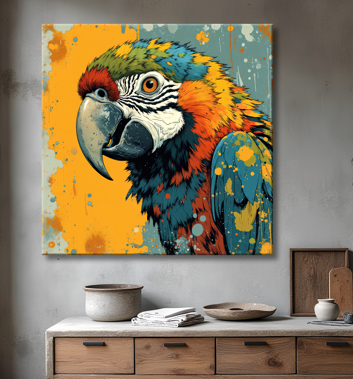 Tableau perroquet - Peinture moderne expressive et colorée avec decor