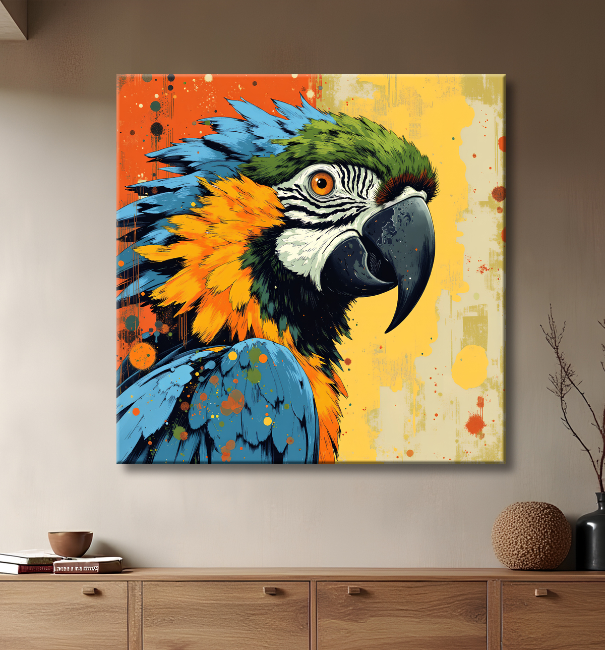 Tableau perroquet - Peinture moderne expressive et colorée avec decor