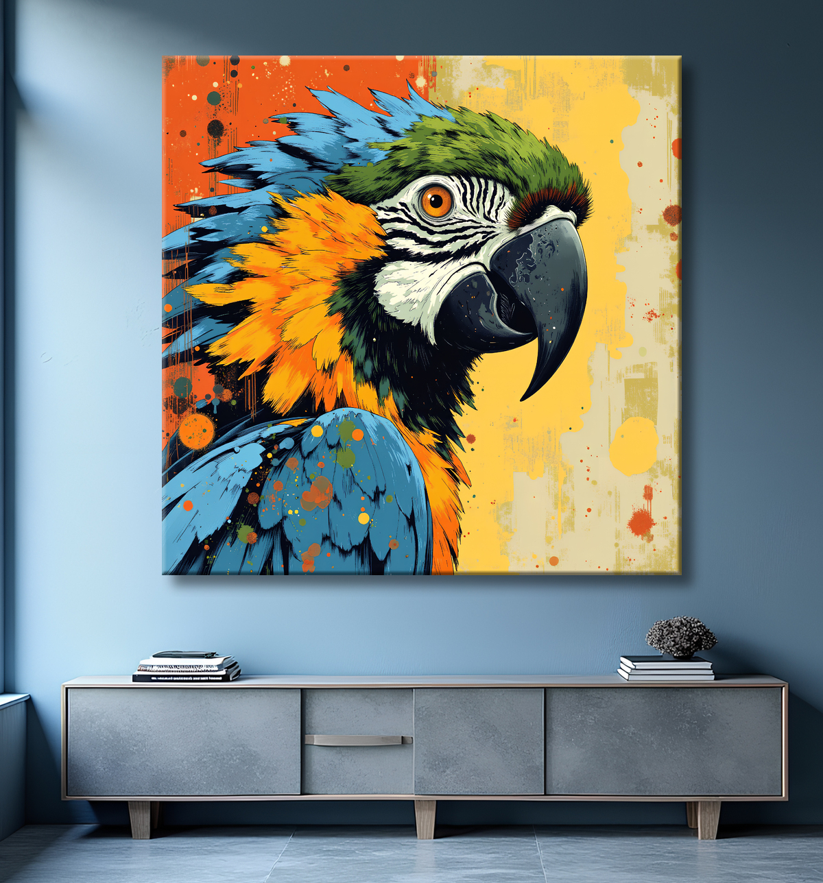 Tableau perroquet - Peinture moderne expressive et colorée avec decor