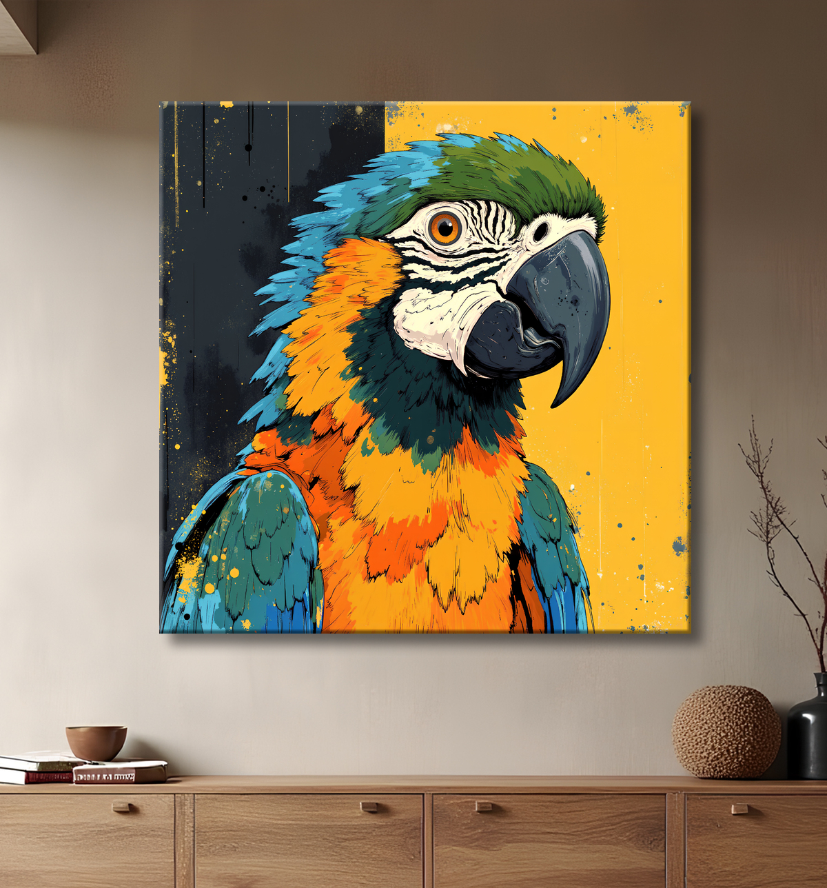 Tableau perroquet - Peinture moderne expressive et colorée avec decor