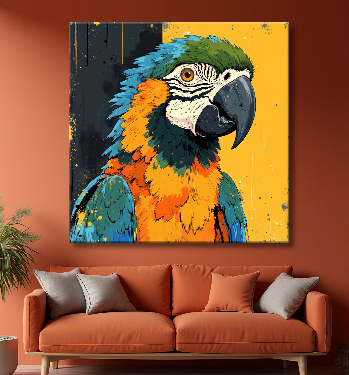 Tableau perroquet - Peinture moderne expressive et colorée avec decor
