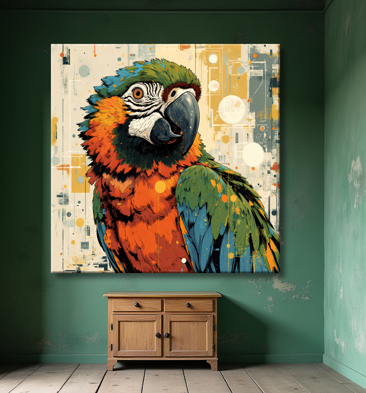 Tableau perroquet - Peinture moderne expressive et colorée avec decor