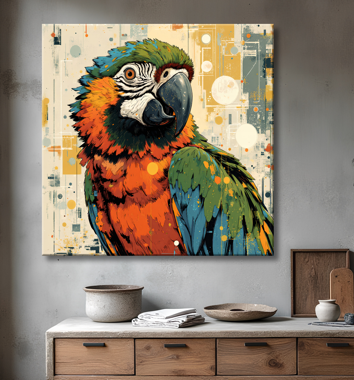 Tableau perroquet - Peinture moderne expressive et colorée avec decor