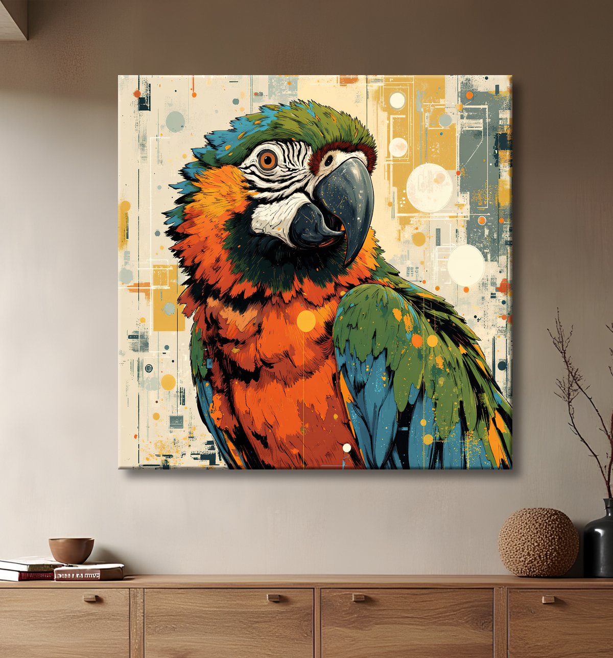 Tableau perroquet - Peinture moderne expressive et colorée avec decor