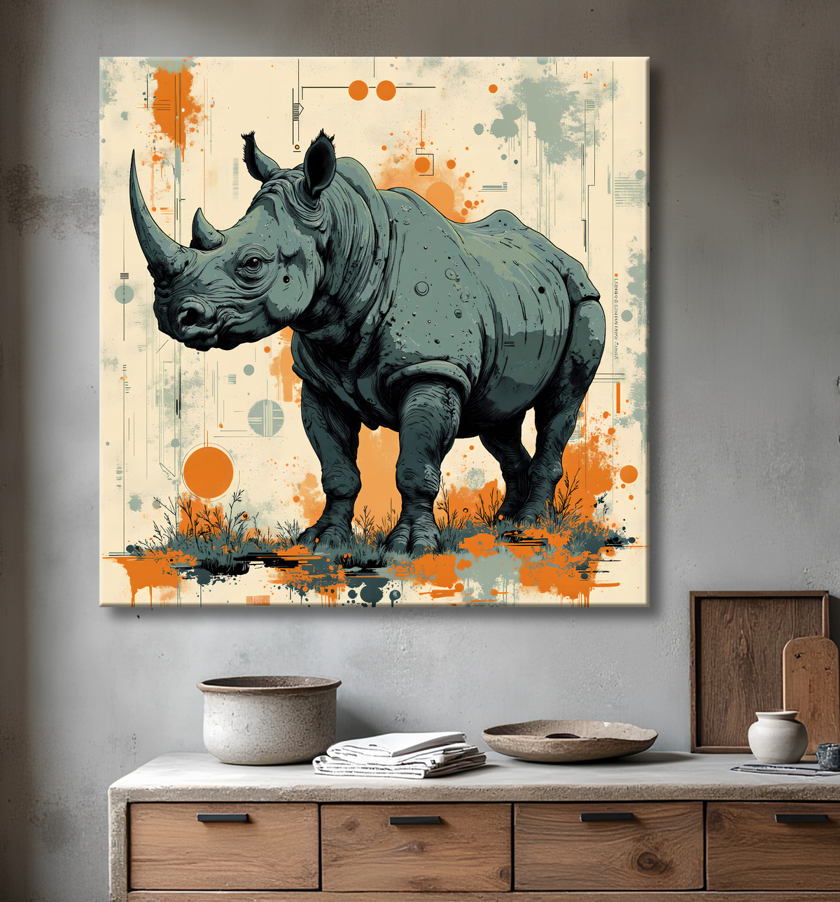 Tableau rhinocéros | Peinture rhinocéros moderne expressive avec decor