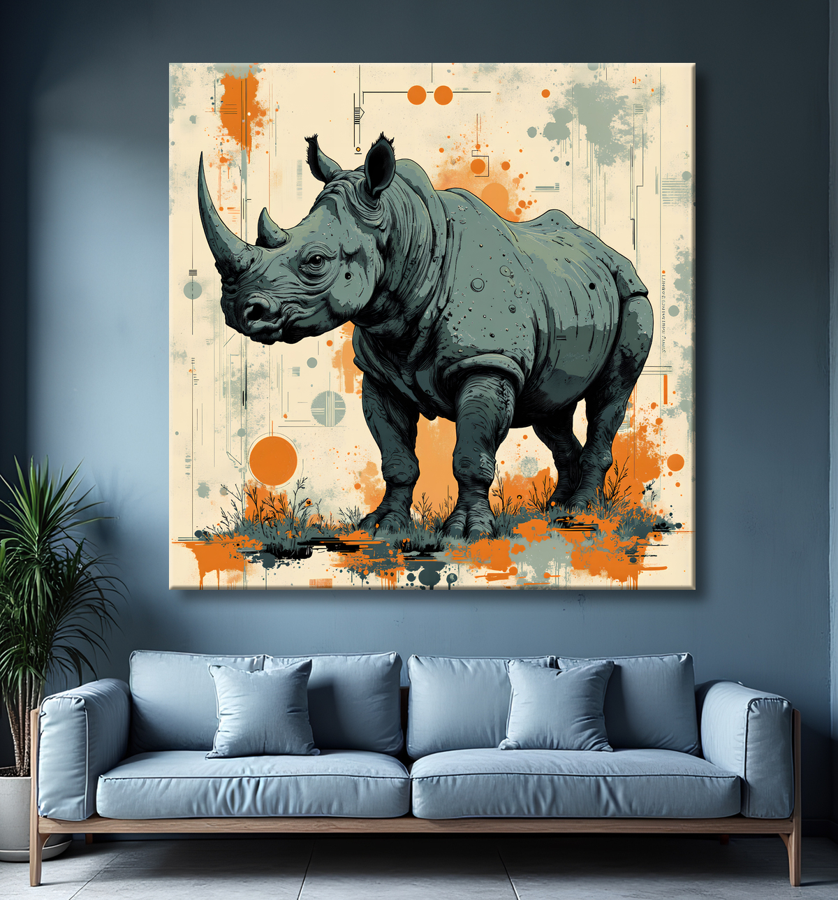 Tableau rhinocéros | Peinture rhinocéros moderne expressive avec decor