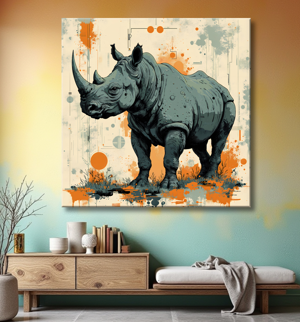 Tableau rhinocéros | Peinture rhinocéros moderne expressive avec decor