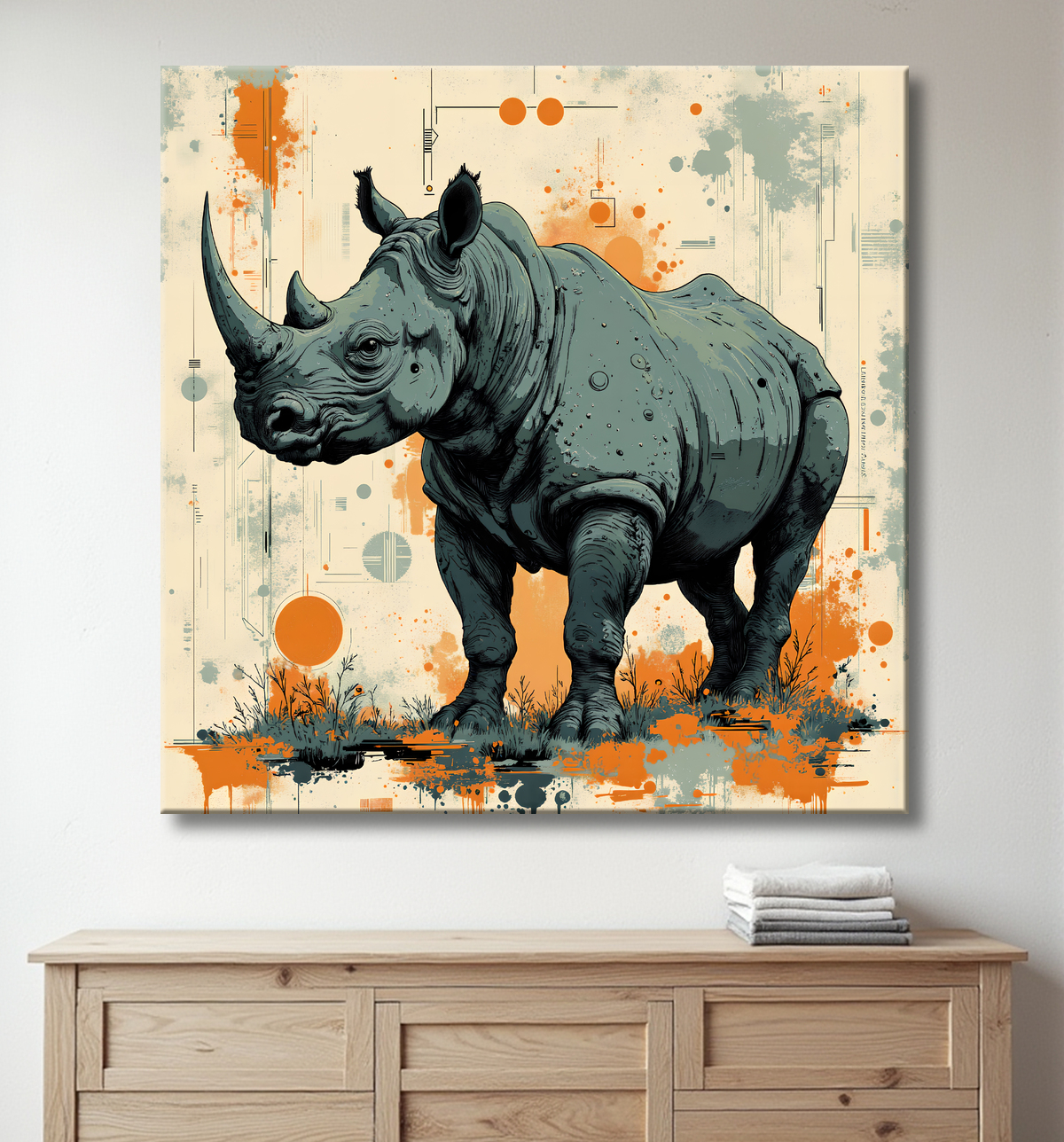 Tableau rhinocéros | Peinture rhinocéros moderne expressive avec decor