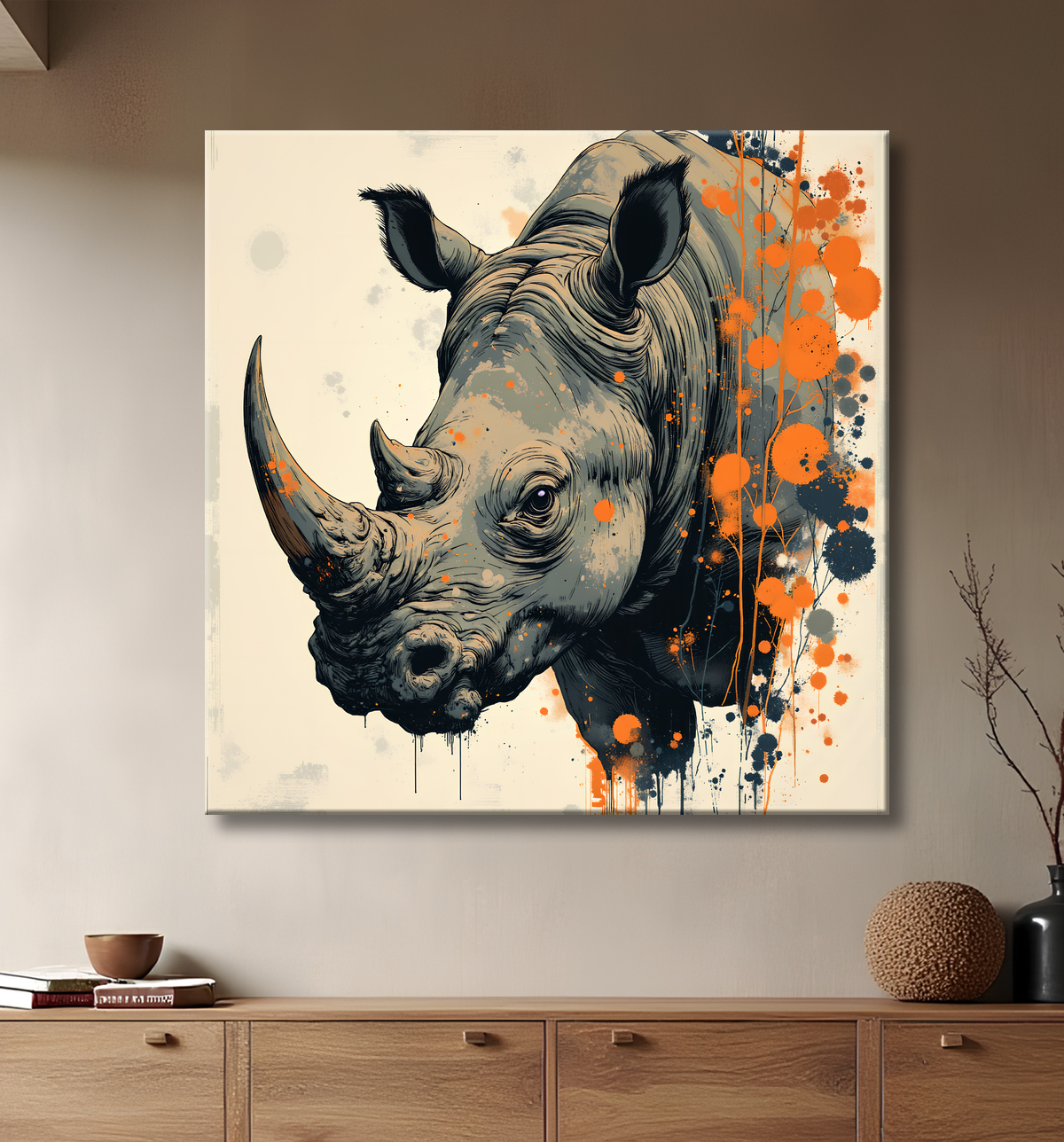 Tableau rhinocéros | Peinture rhinocéros moderne expressive avec decor