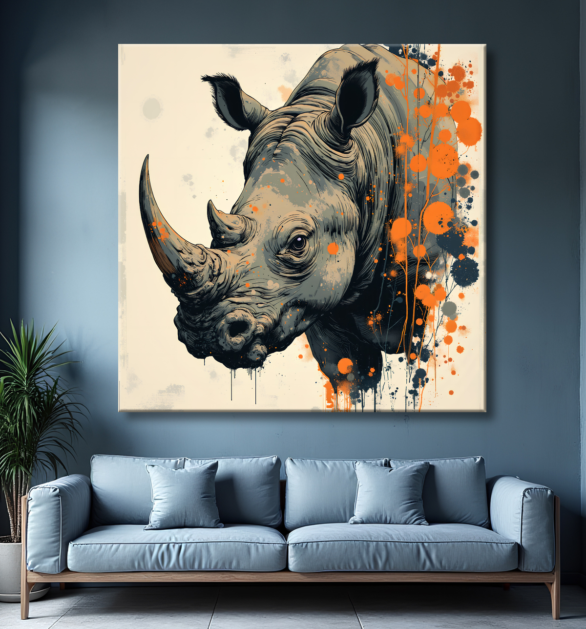Tableau rhinocéros | Peinture rhinocéros moderne expressive avec decor