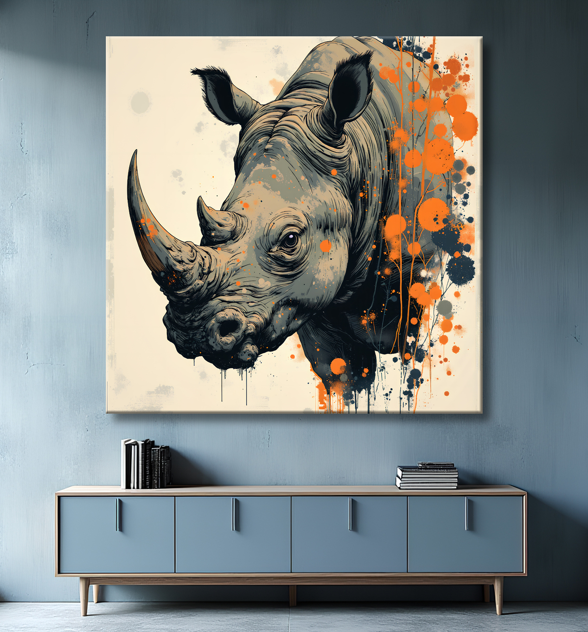 Tableau rhinocéros | Peinture rhinocéros moderne expressive avec decor