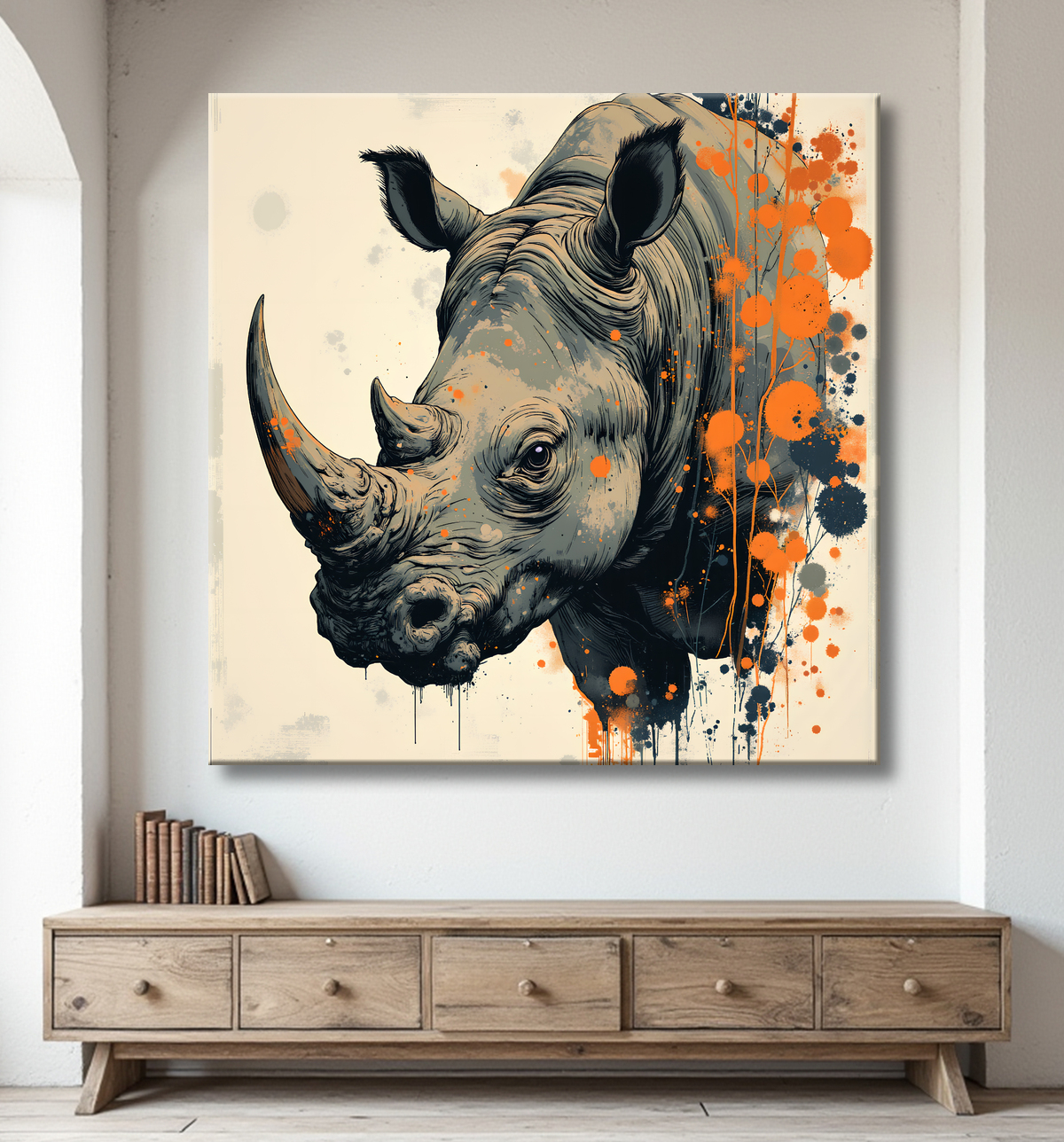 Tableau rhinocéros | Peinture rhinocéros moderne expressive avec decor