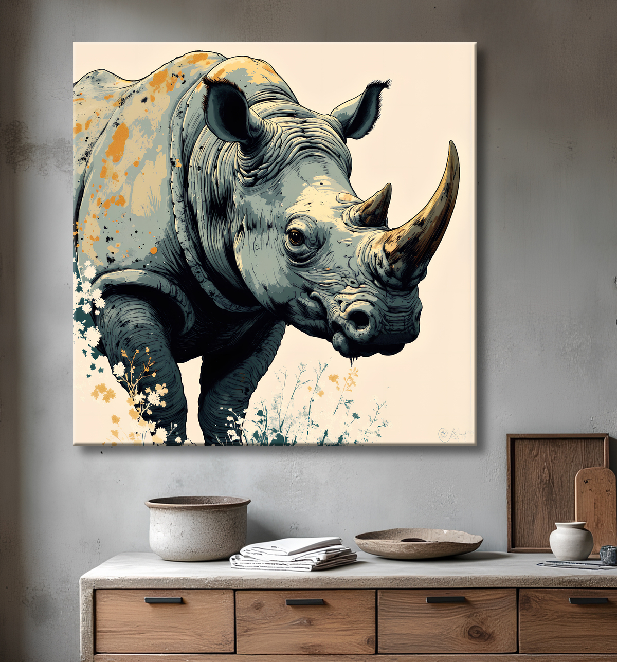 Tableau rhinocéros | Peinture rhinocéros moderne expressive avec decor