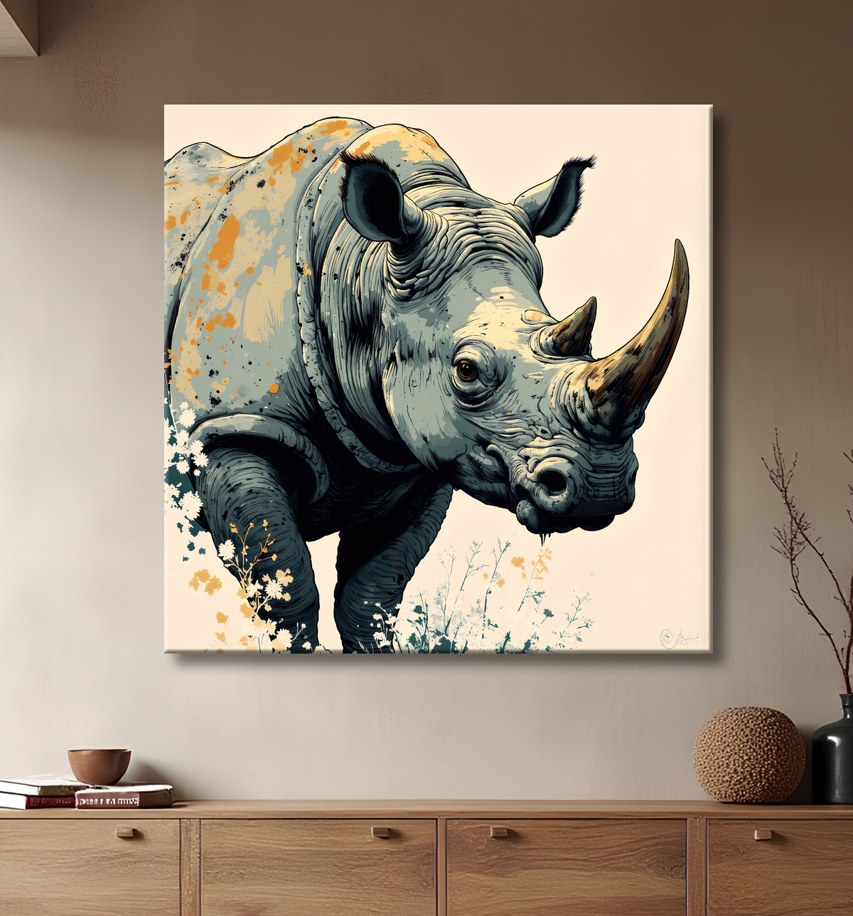 Tableau rhinocéros | Peinture rhinocéros moderne expressive avec decor