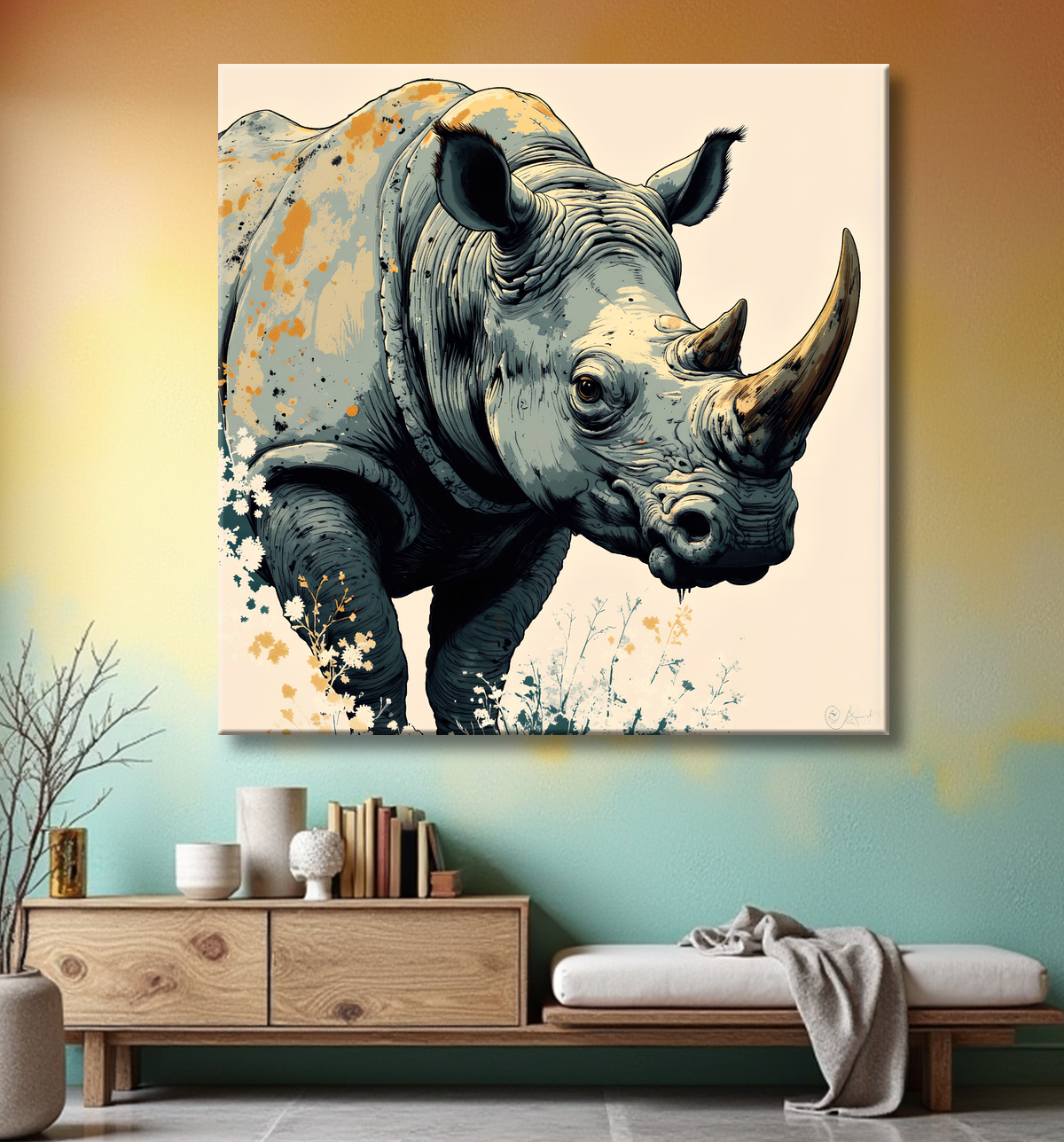 Tableau rhinocéros | Peinture rhinocéros moderne expressive avec decor