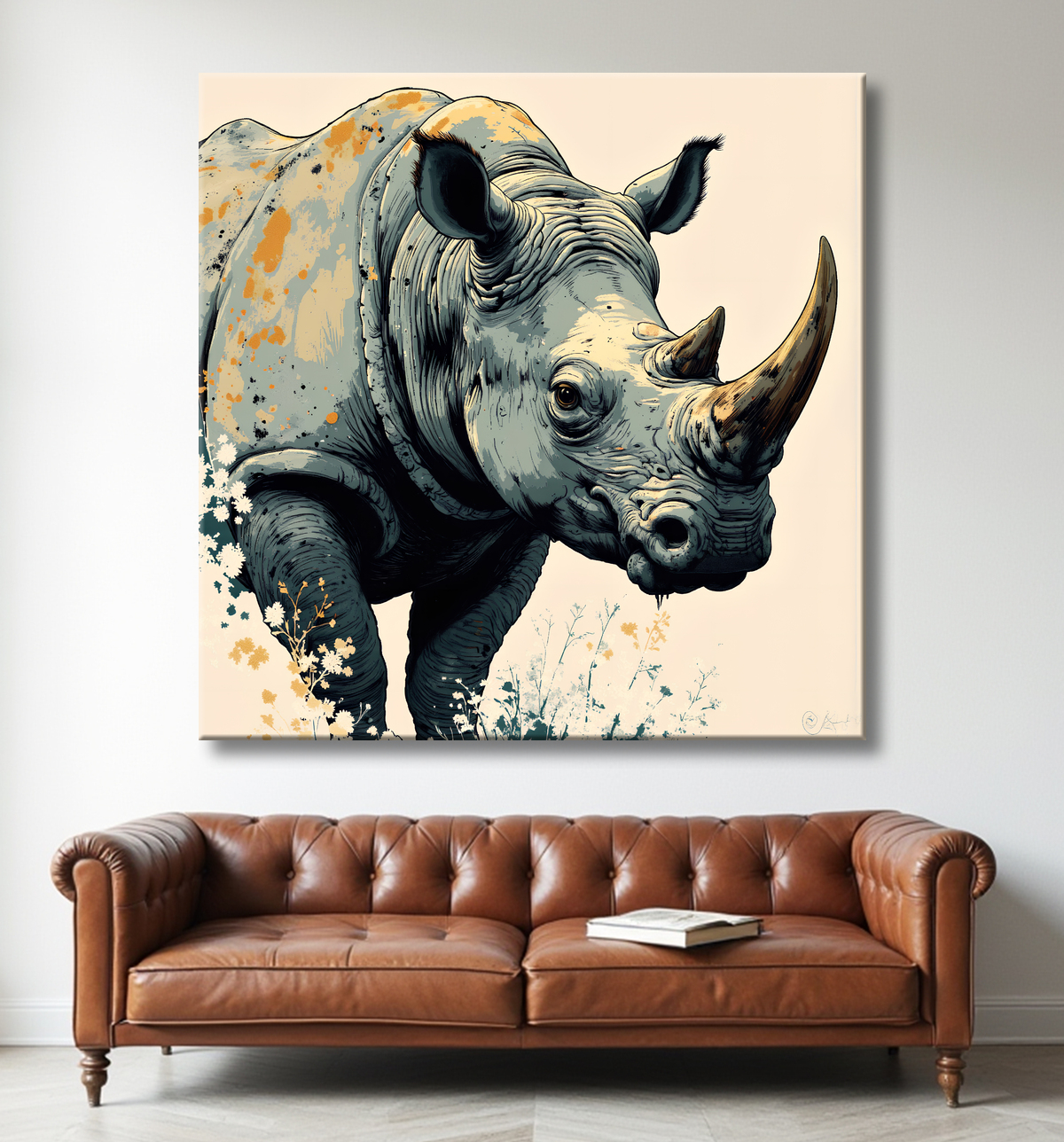 Tableau rhinocéros | Peinture rhinocéros moderne expressive avec decor