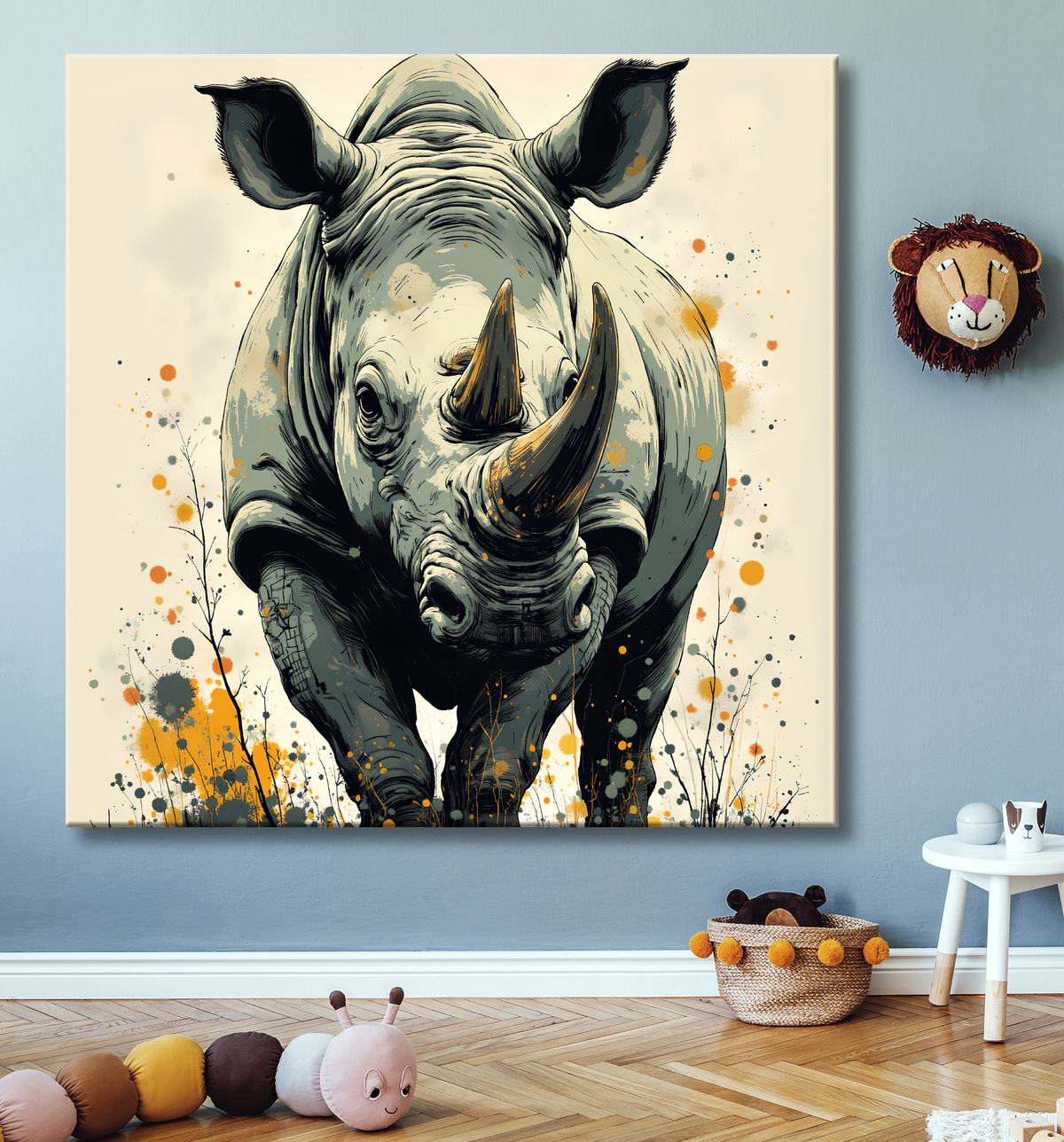 Tableau rhinocéros | Peinture rhinocéros moderne expressive avec decor