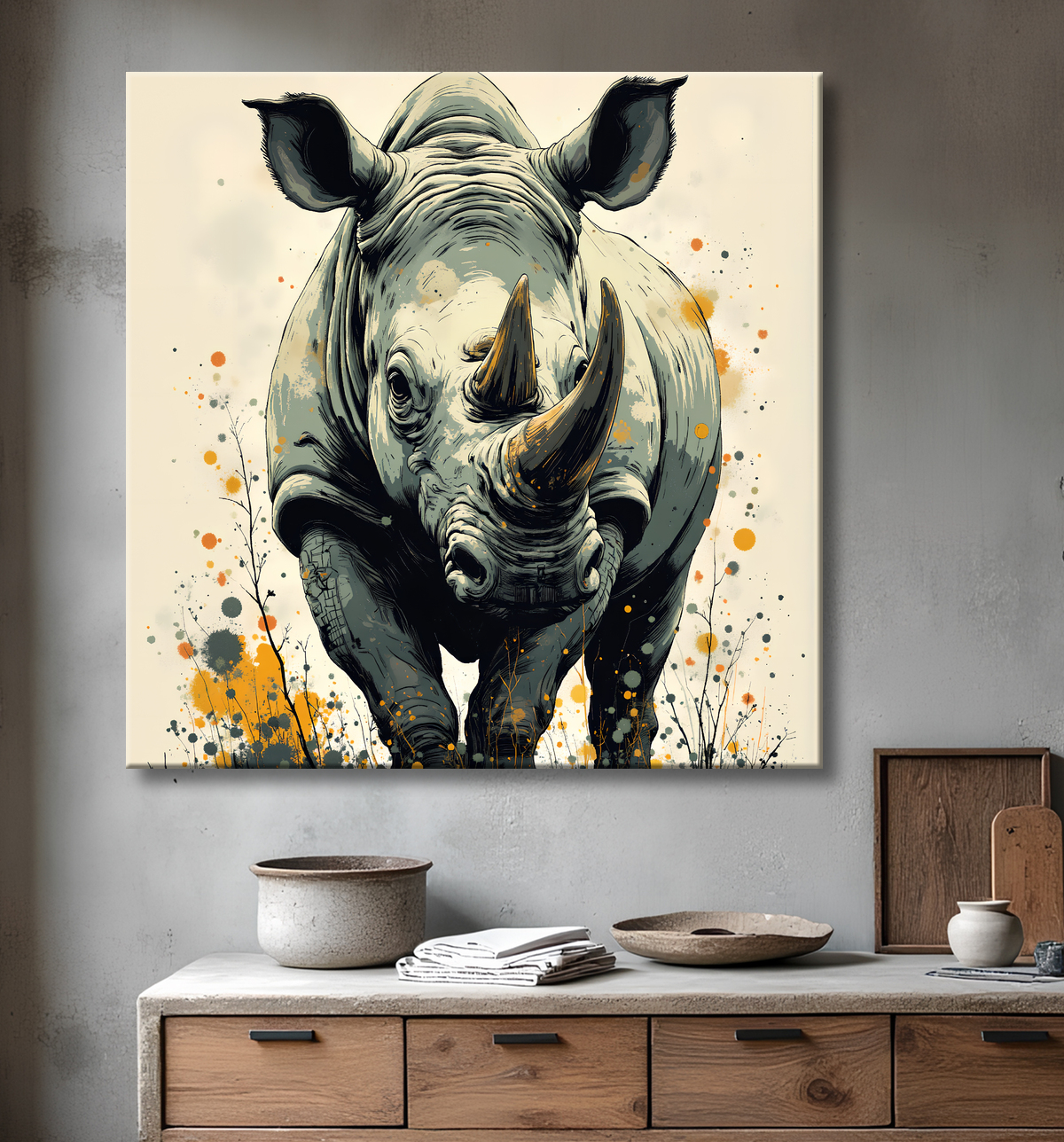 Tableau rhinocéros | Peinture rhinocéros moderne expressive avec decor