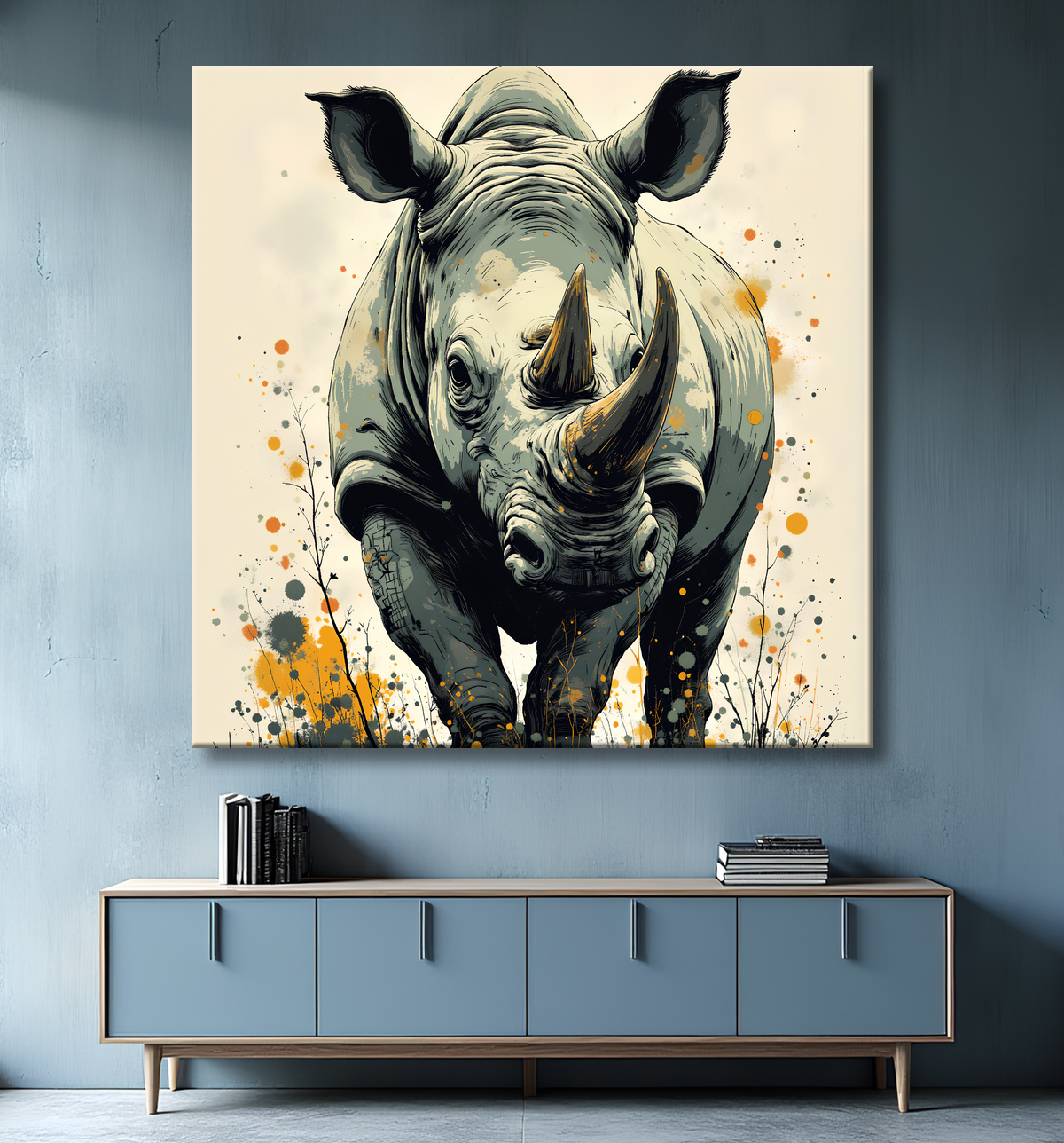 Tableau rhinocéros | Peinture rhinocéros moderne expressive avec decor