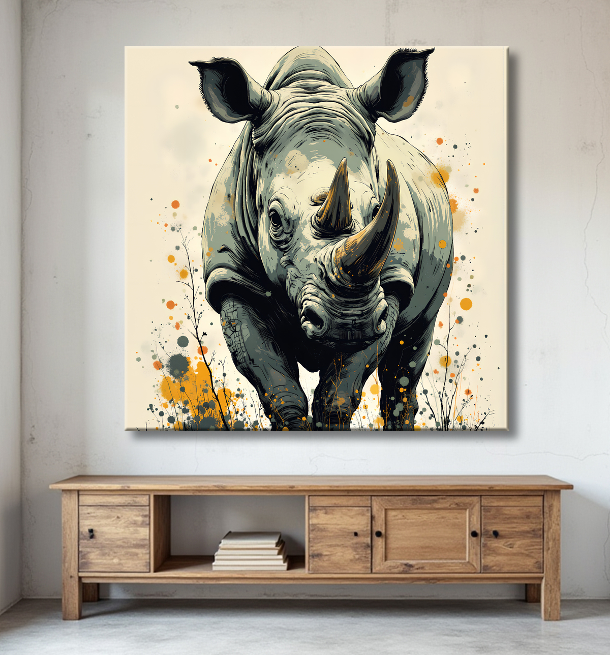 Tableau rhinocéros | Peinture rhinocéros moderne expressive avec decor