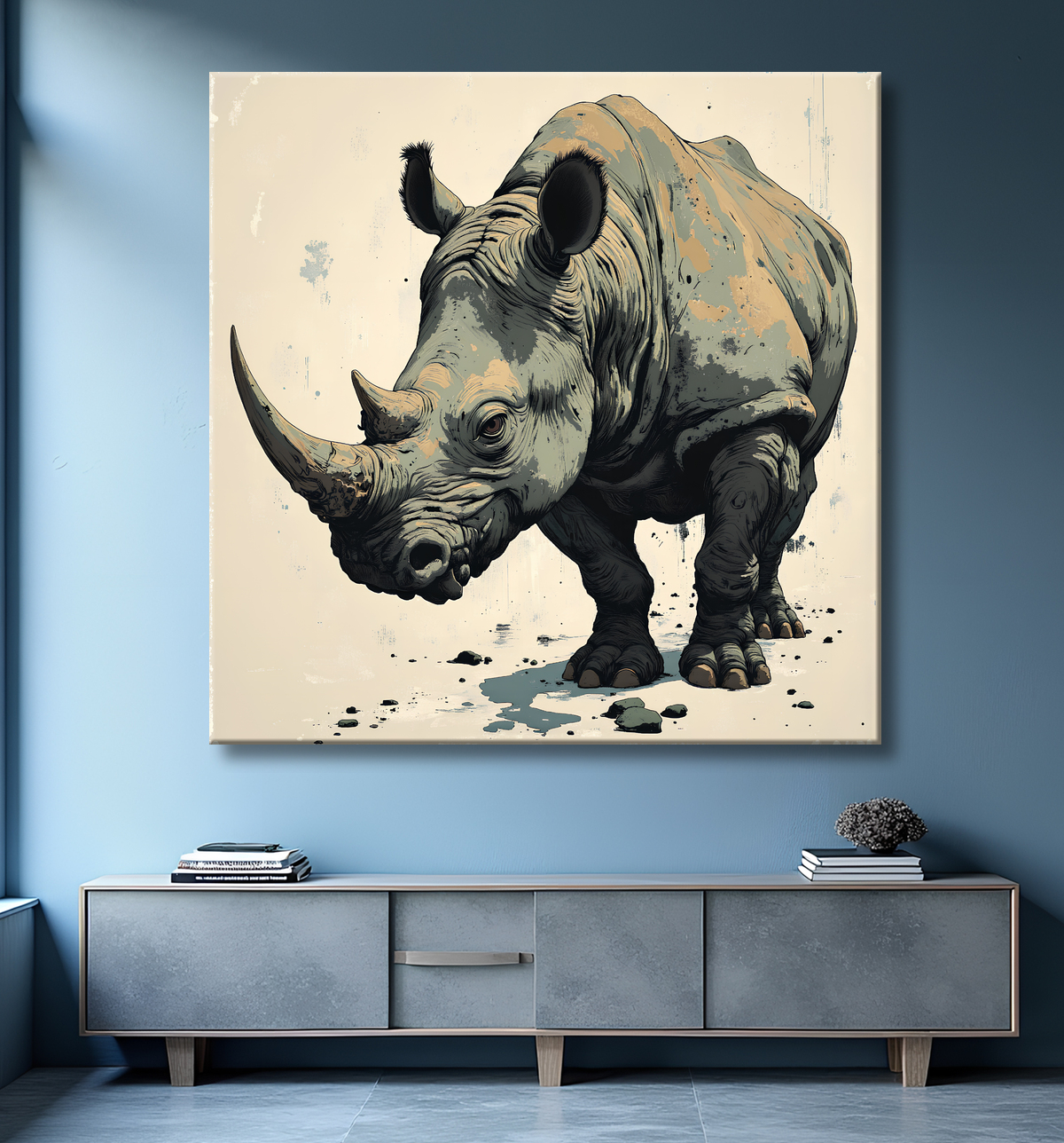 Tableau rhinocéros | Peinture rhinocéros moderne expressive avec decor