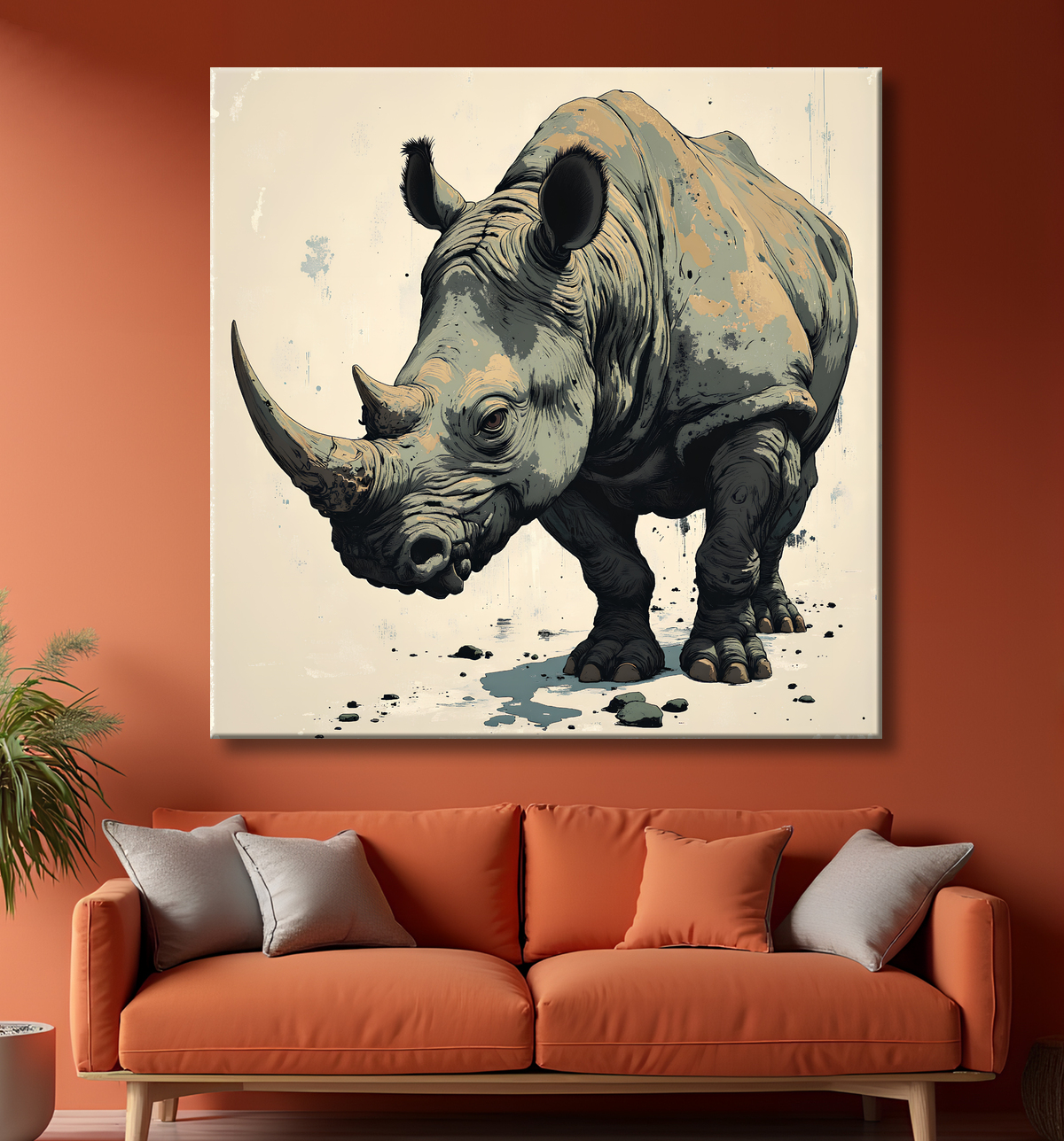 Tableau rhinocéros | Peinture rhinocéros moderne expressive avec decor