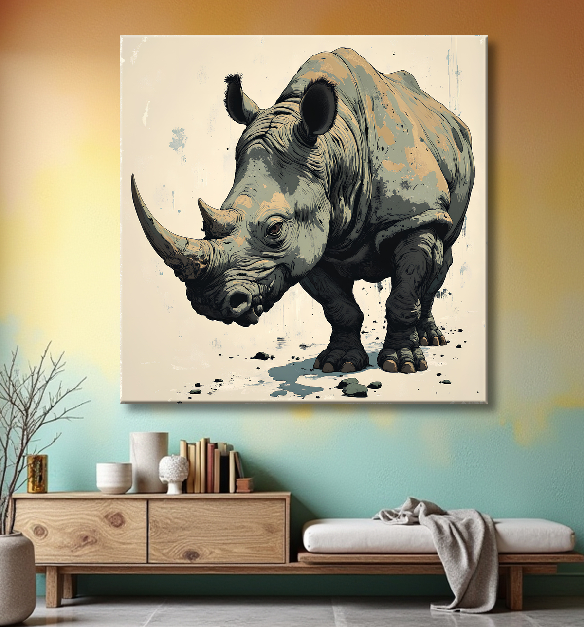 Tableau rhinocéros | Peinture rhinocéros moderne expressive avec decor