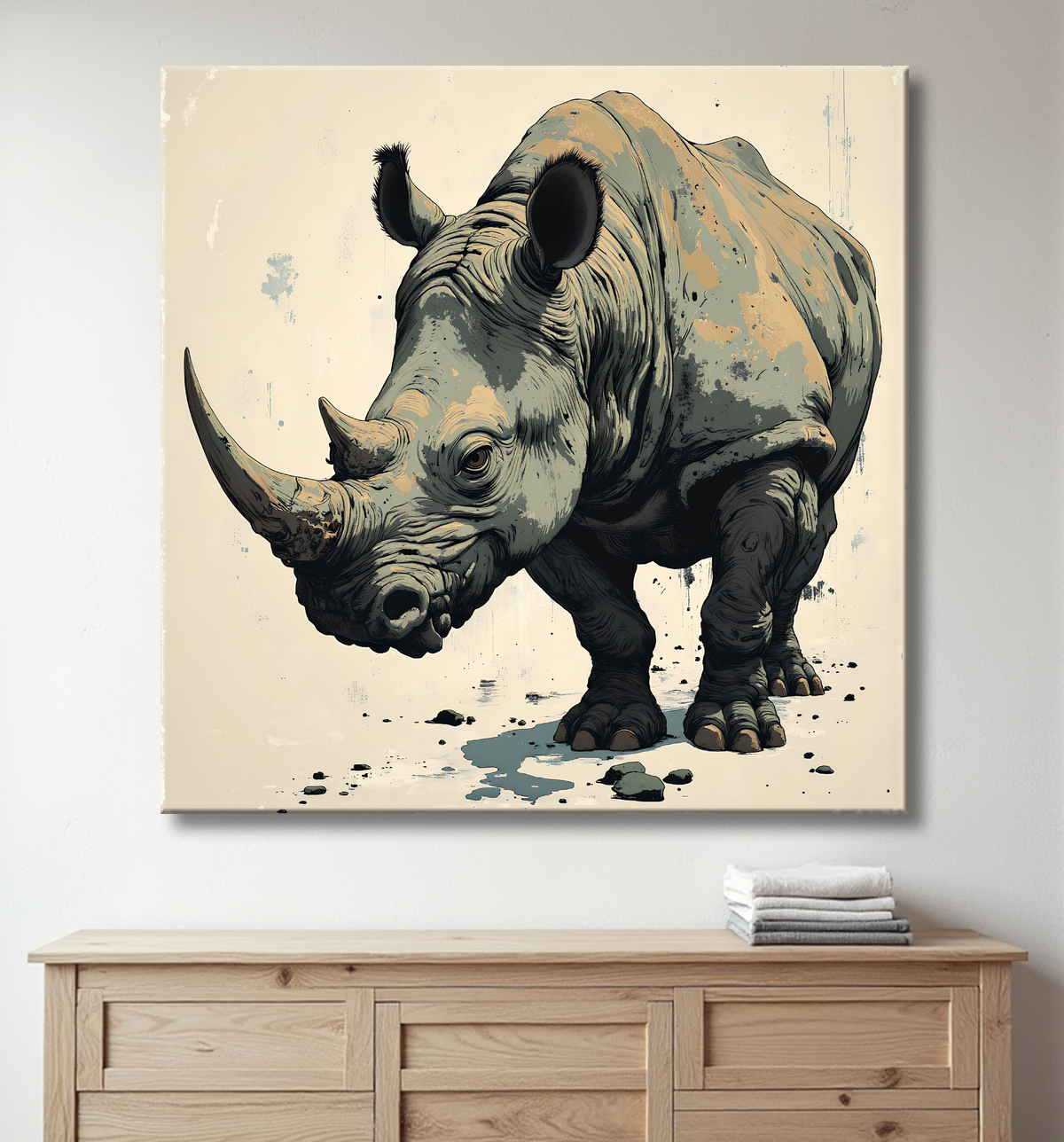 Tableau rhinocéros | Peinture rhinocéros moderne expressive avec decor