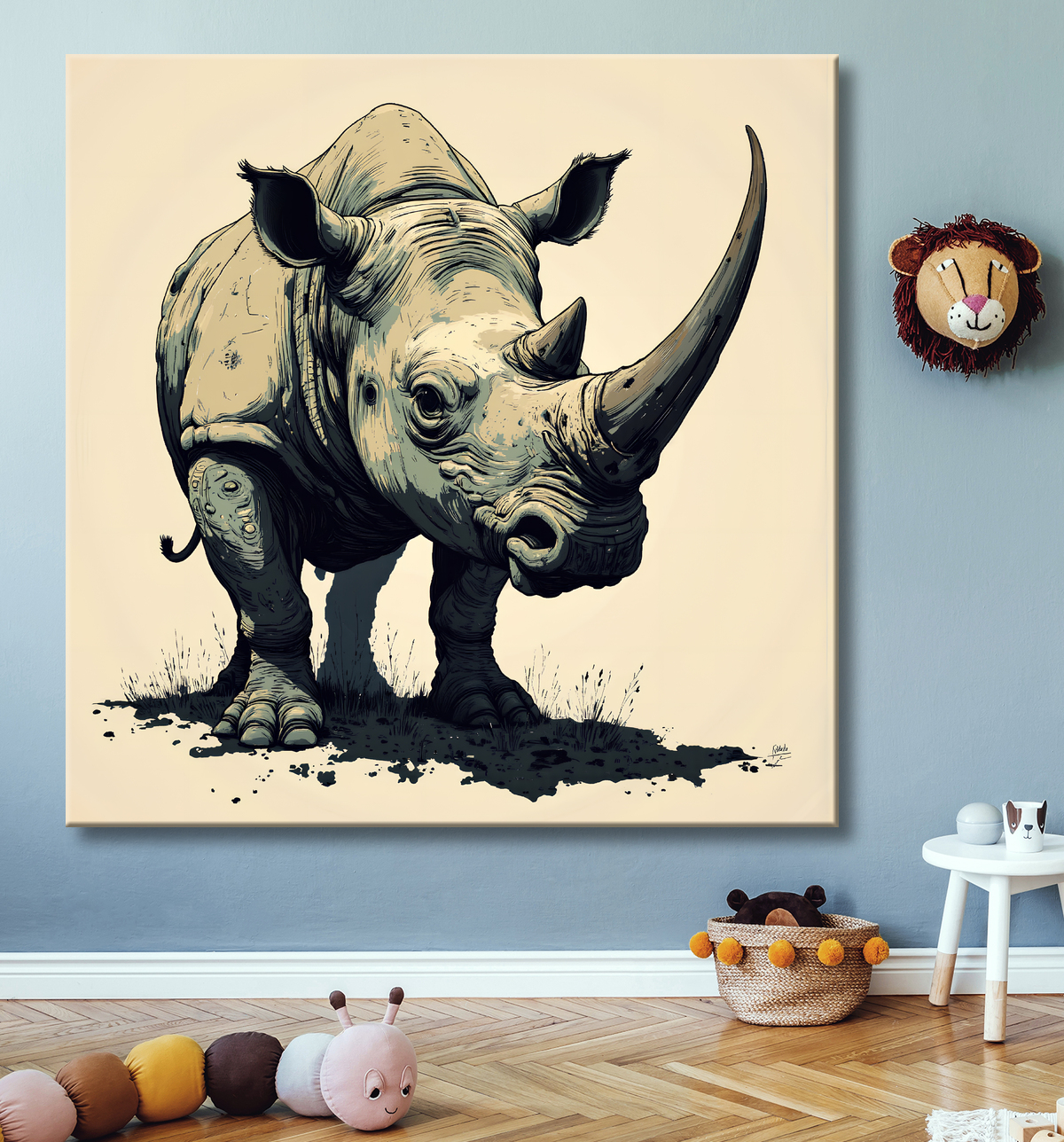 Tableau rhinocéros | Peinture rhinocéros moderne expressive avec decor