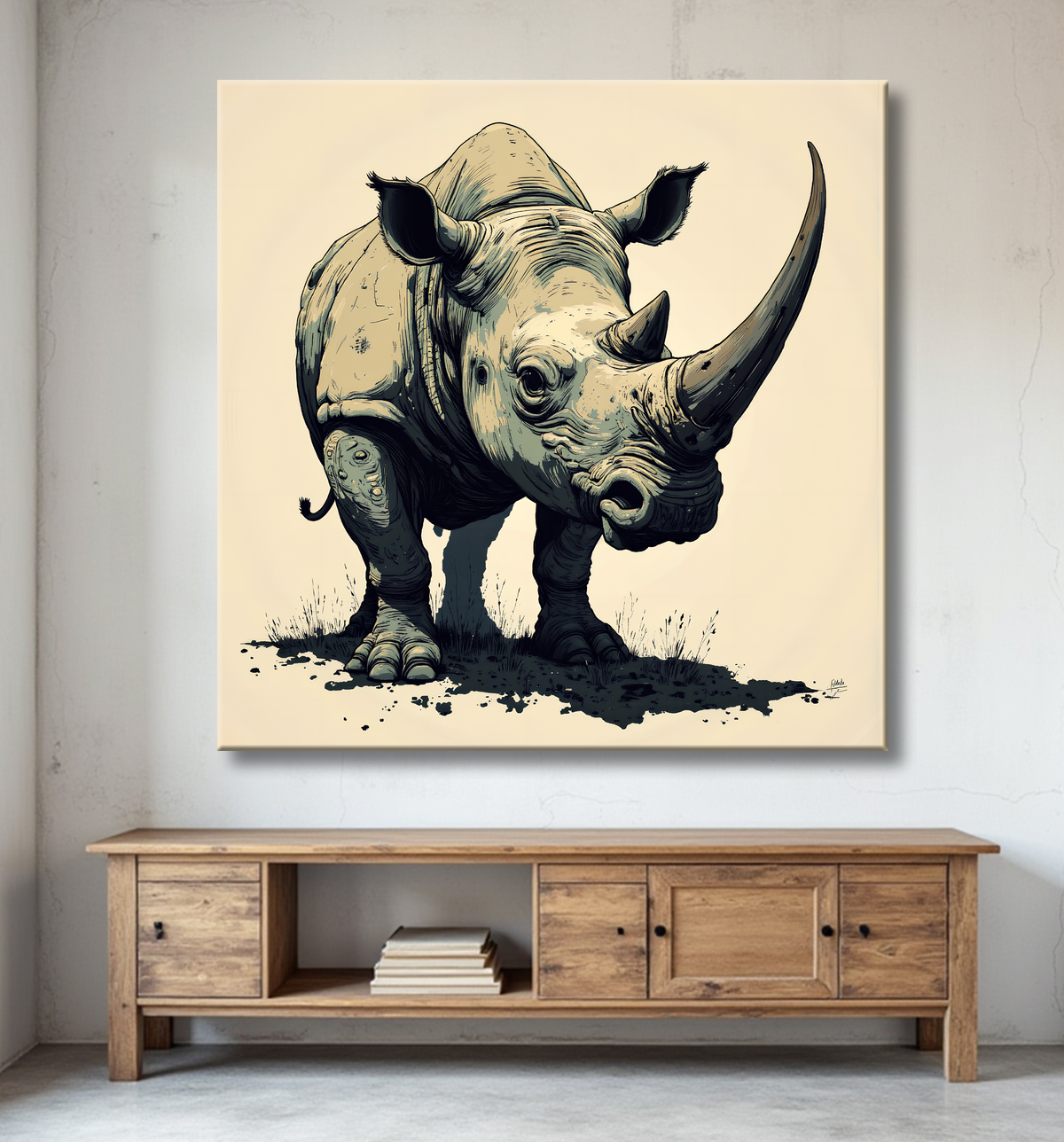 Tableau rhinocéros | Peinture rhinocéros moderne expressive avec decor