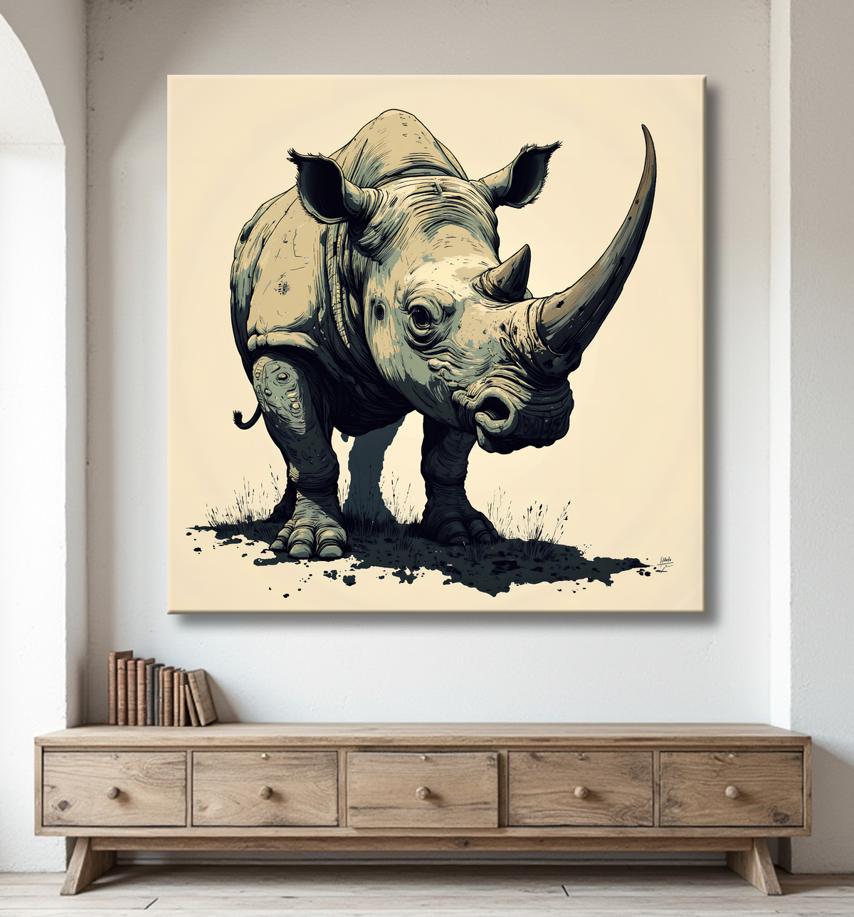 Tableau rhinocéros | Peinture rhinocéros moderne expressive avec decor