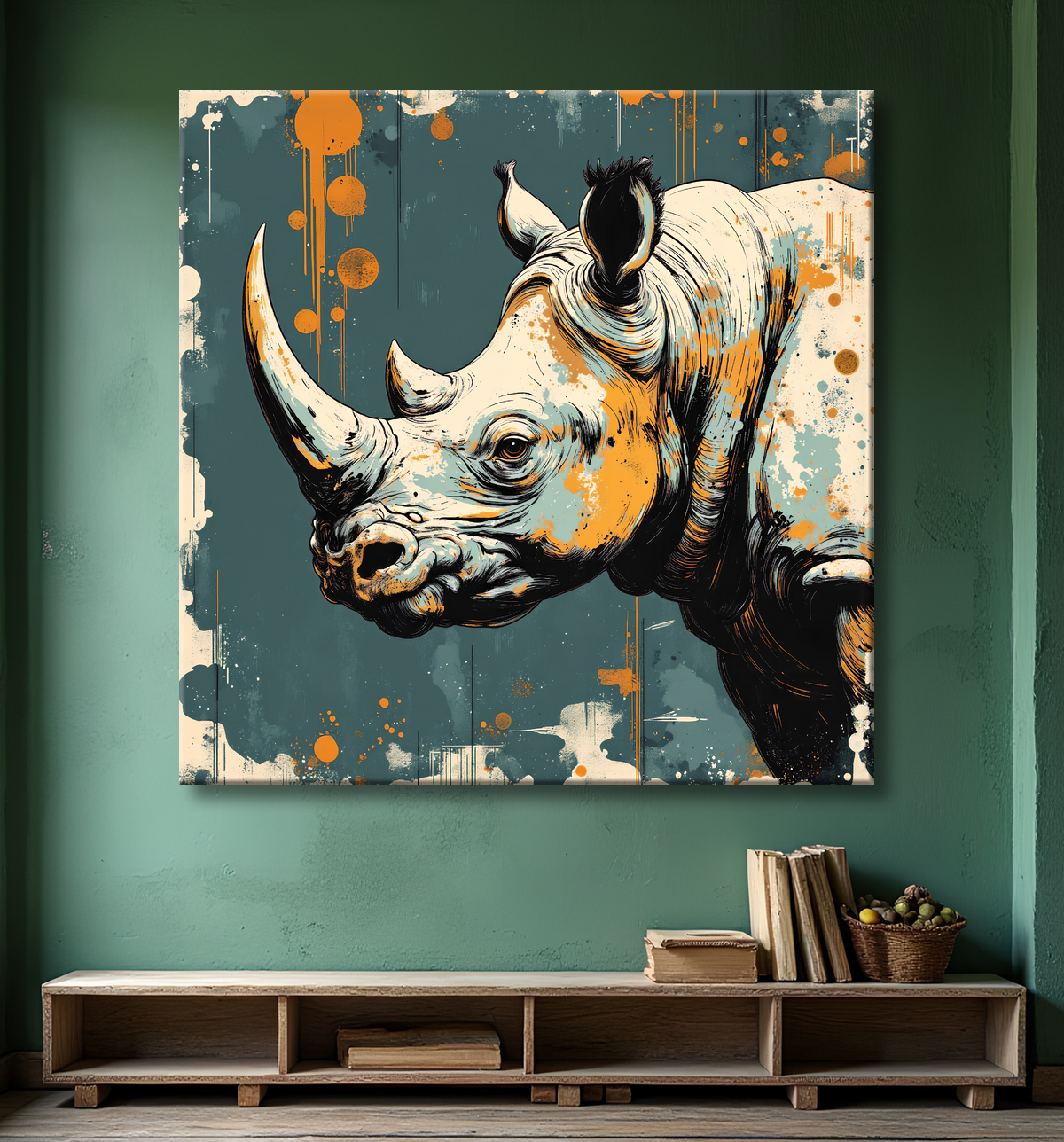 Tableau rhinocéros | Peinture rhinocéros moderne expressive avec decor