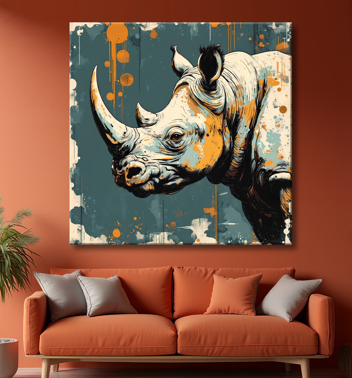 Tableau rhinocéros | Peinture rhinocéros moderne expressive avec decor