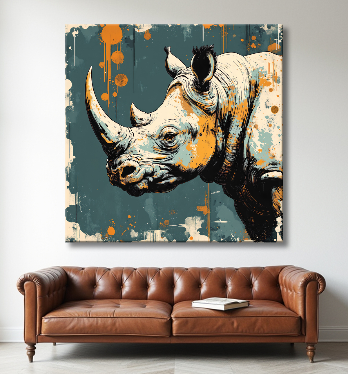 Tableau rhinocéros | Peinture rhinocéros moderne expressive avec decor