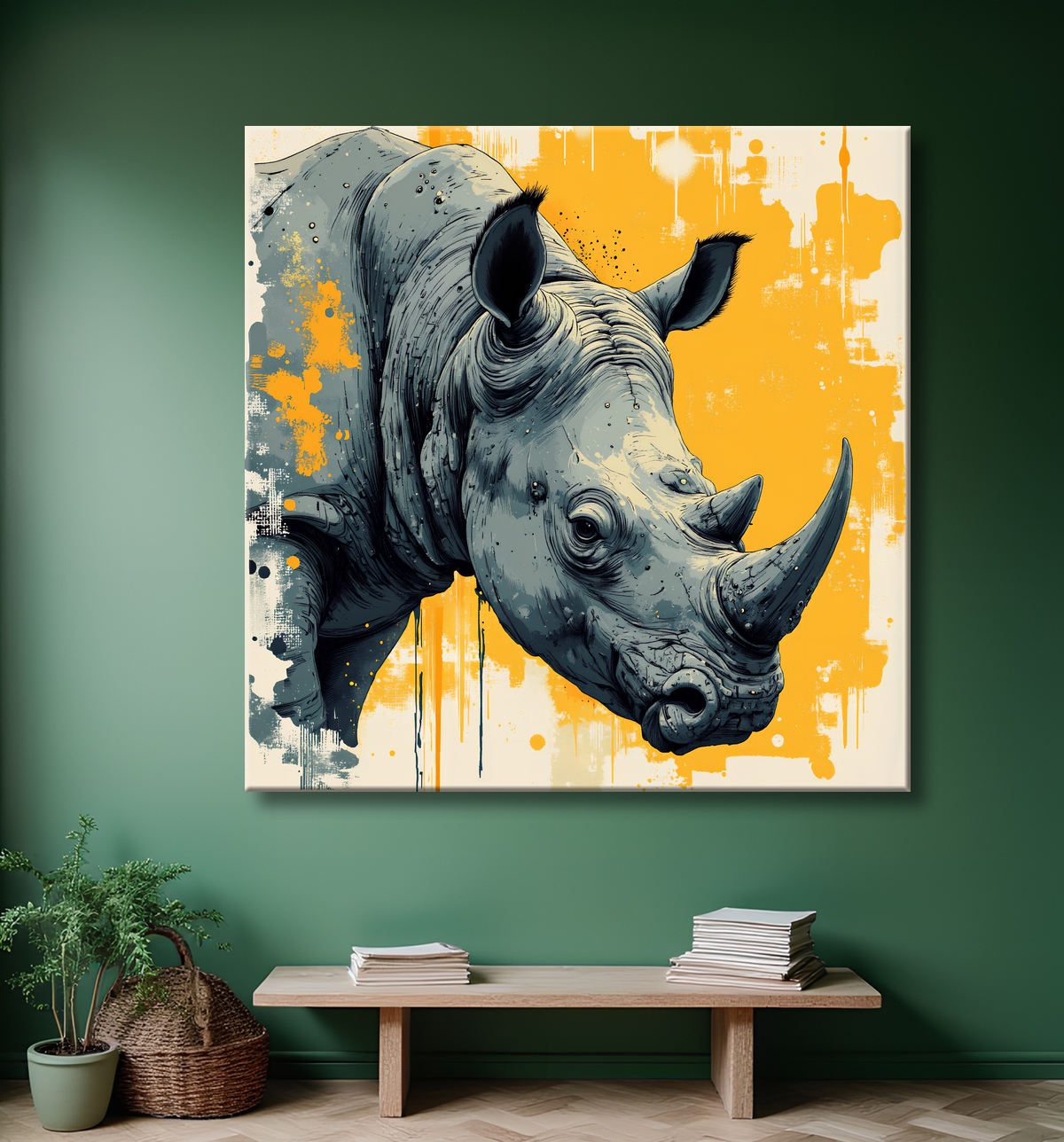 Tableau rhinocéros | Peinture rhinocéros moderne expressive avec decor
