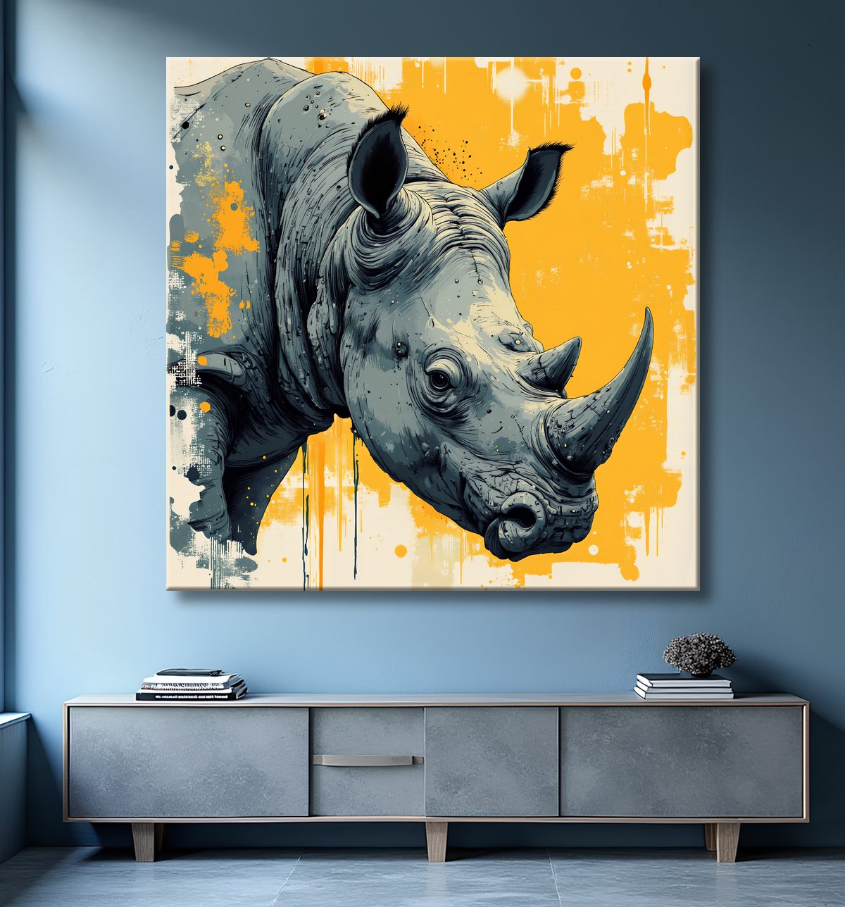 Tableau rhinocéros | Peinture rhinocéros moderne expressive avec decor