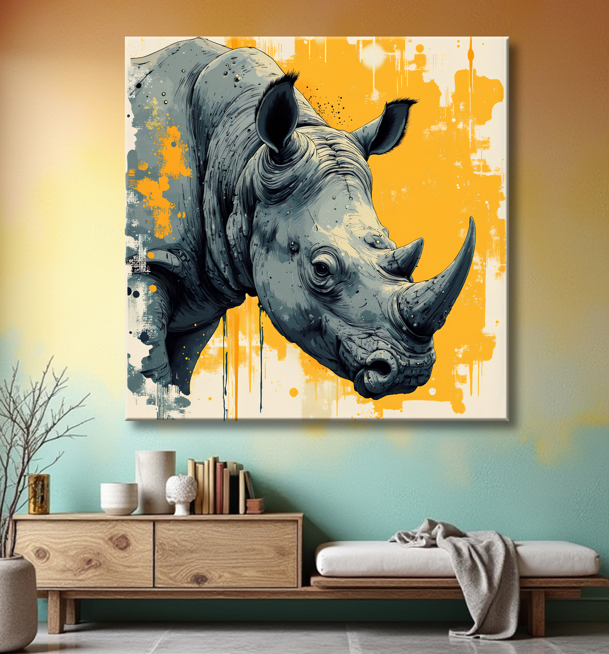 Tableau rhinocéros | Peinture rhinocéros moderne expressive avec decor