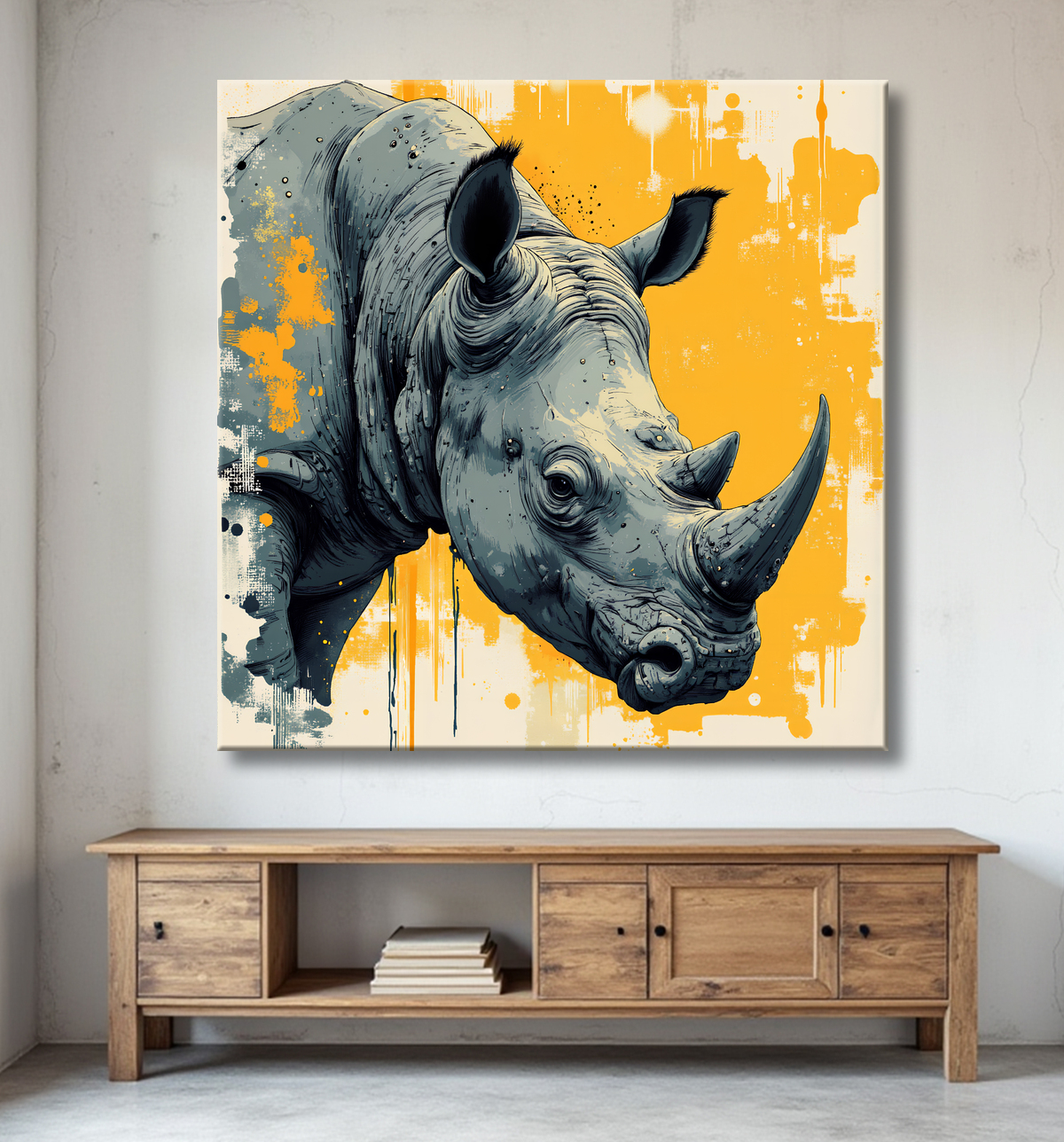 Tableau rhinocéros | Peinture rhinocéros moderne expressive avec decor