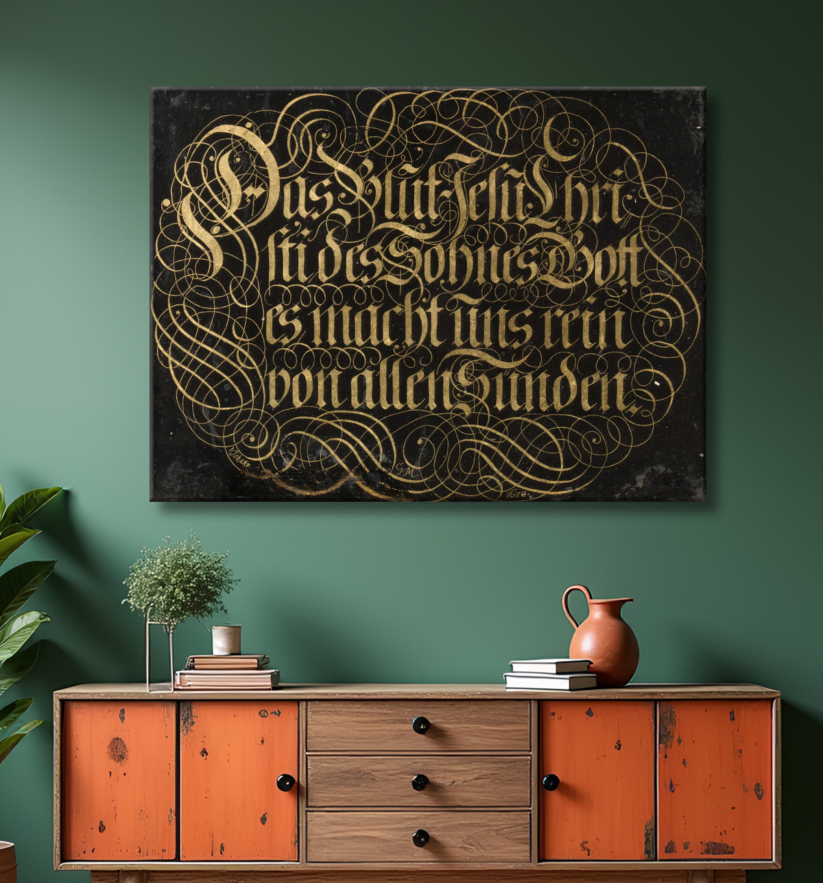 Reproduction Peinture sous verre avec dicton calligraphié : Le sang de Jésus-Christ, le Fils de Dieu, nous purifie de tout péché de Johann G. M avec decor