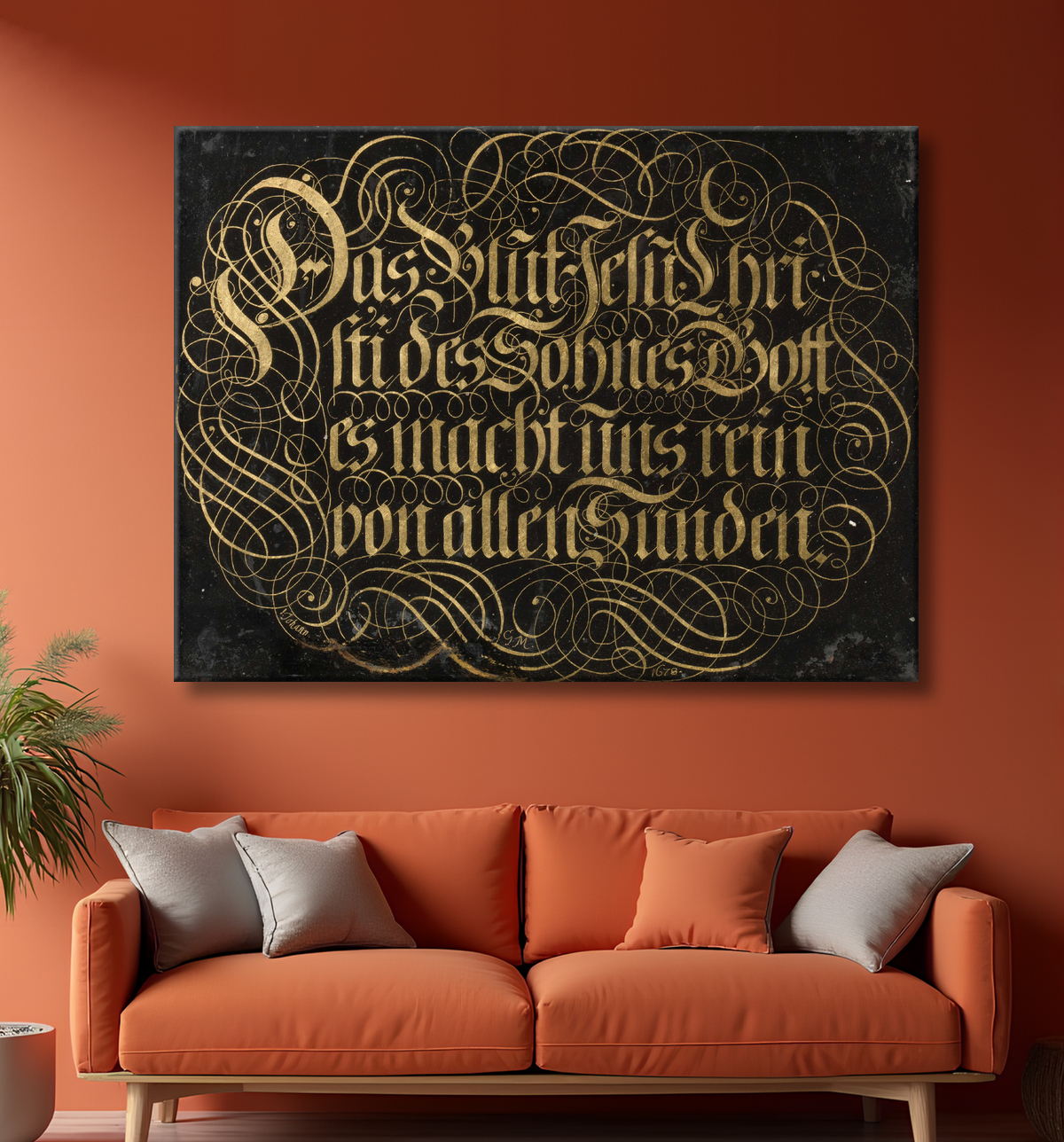 Reproduction Peinture sous verre avec dicton calligraphié : Le sang de Jésus-Christ, le Fils de Dieu, nous purifie de tout péché de Johann G. M avec decor