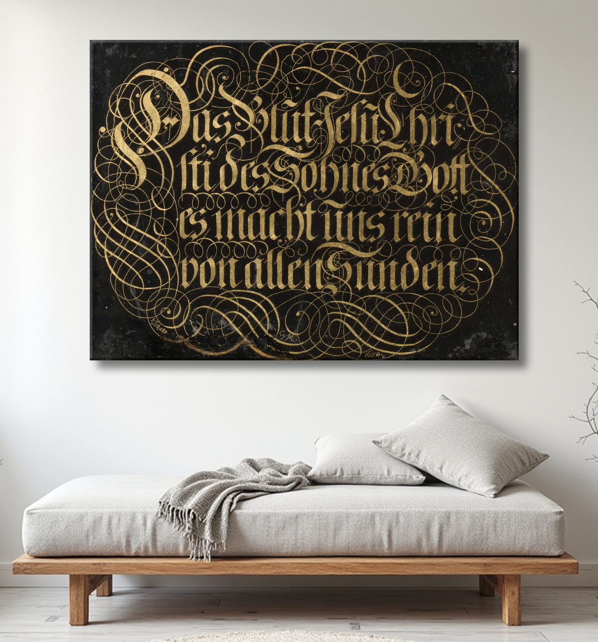 Reproduction Peinture sous verre avec dicton calligraphié : Le sang de Jésus-Christ, le Fils de Dieu, nous purifie de tout péché de Johann G. M avec decor