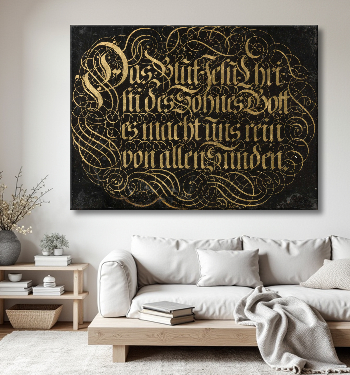 Reproduction Peinture sous verre avec dicton calligraphié : Le sang de Jésus-Christ, le Fils de Dieu, nous purifie de tout péché de Johann G. M avec decor