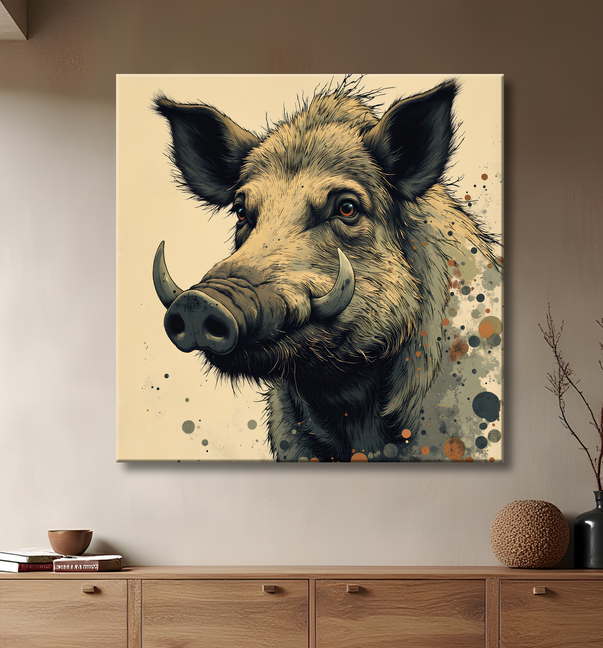 Tableau sanglier | Peinture moderne expressive gibier avec decor
