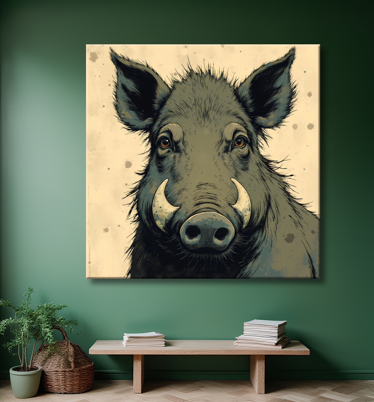 Tableau sanglier | Peinture moderne expressive gibier avec decor
