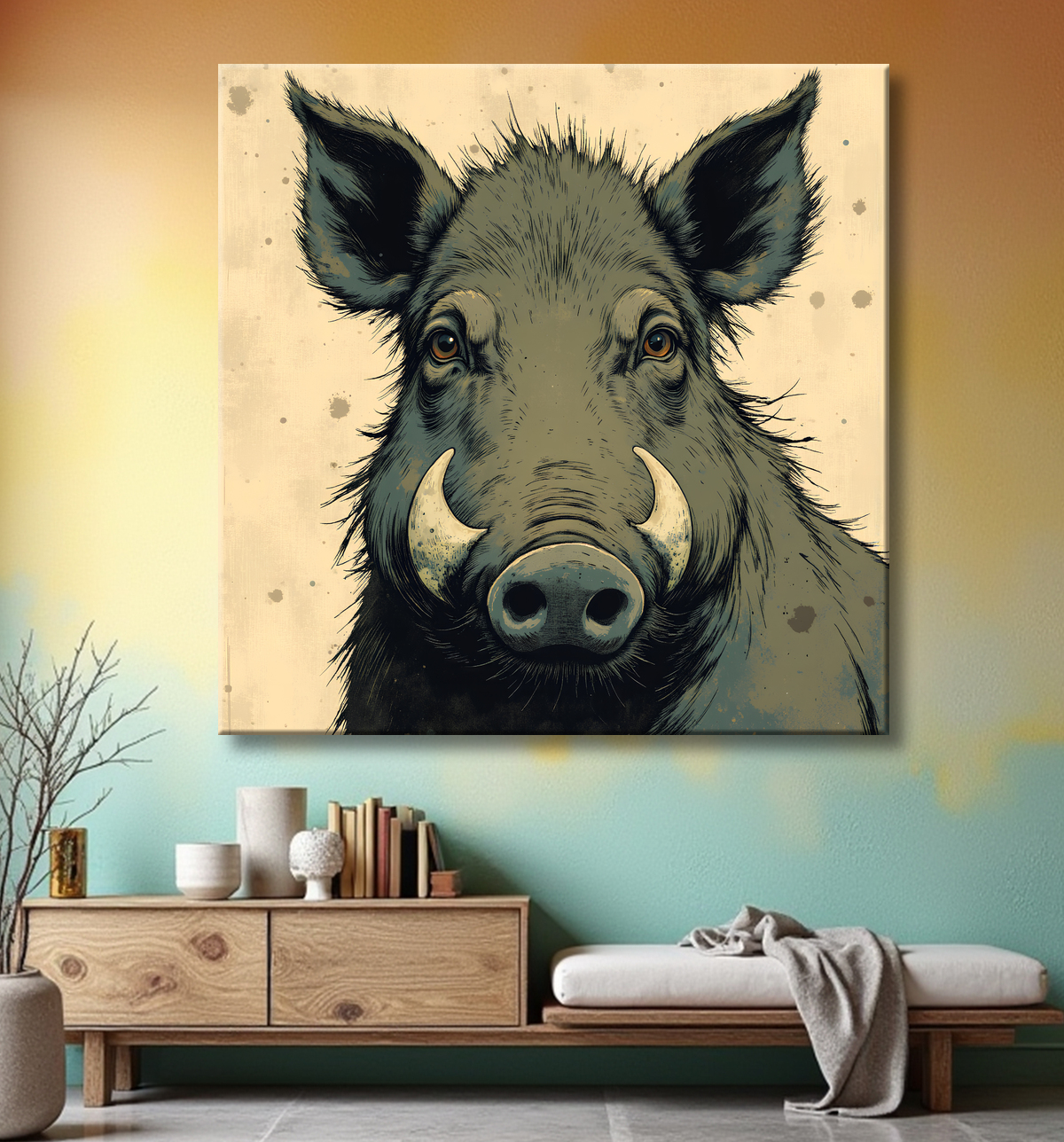 Tableau sanglier | Peinture moderne expressive gibier avec decor