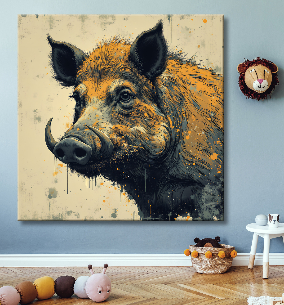 Tableau sanglier | Peinture moderne expressive gibier avec decor