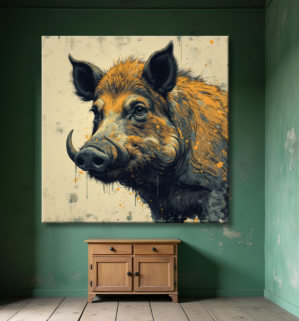 Tableau sanglier | Peinture moderne expressive gibier avec decor