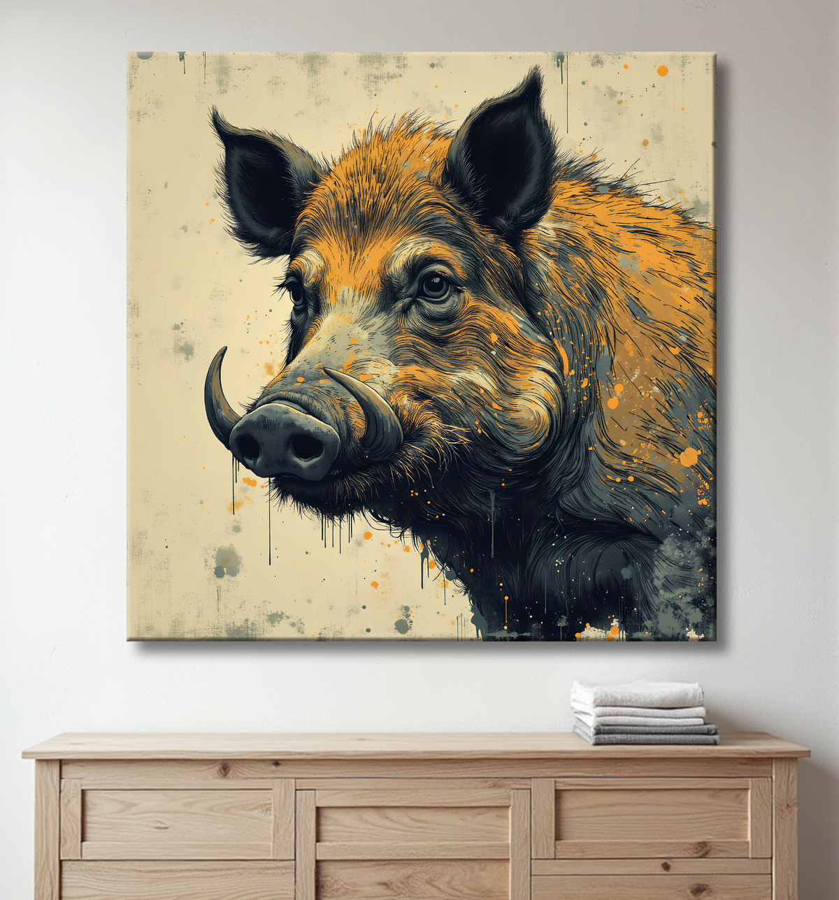 Tableau sanglier | Peinture moderne expressive gibier avec decor